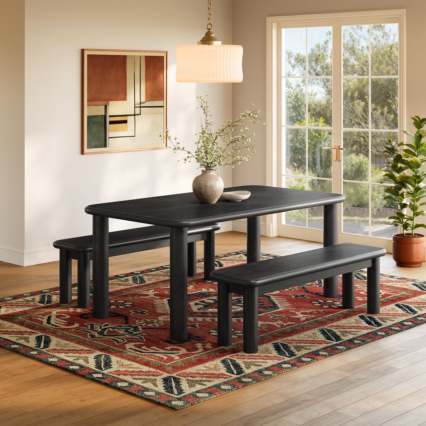 Alvia 3-Piece Oak Wood Dining Table and Benches Set by Modway EEI-7553