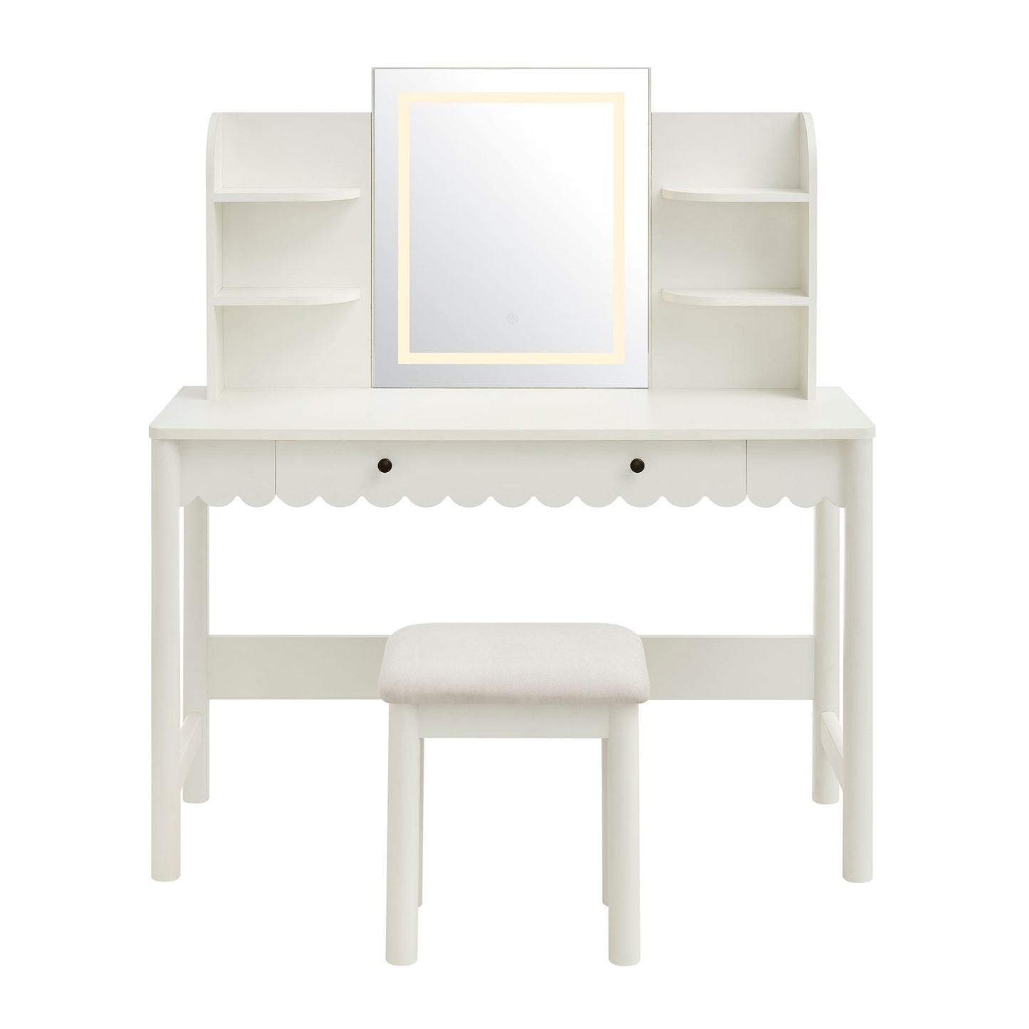 Emmeline Scalloped Makeup Vanity Desk With LED Mirror and Stool by Modway EEI-7726