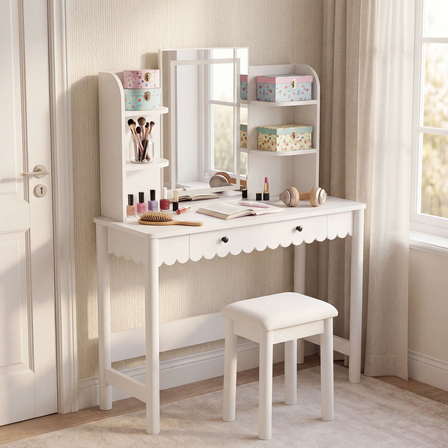 Emmeline Scalloped Makeup Vanity Desk With LED Mirror and Stool by Modway EEI-7726