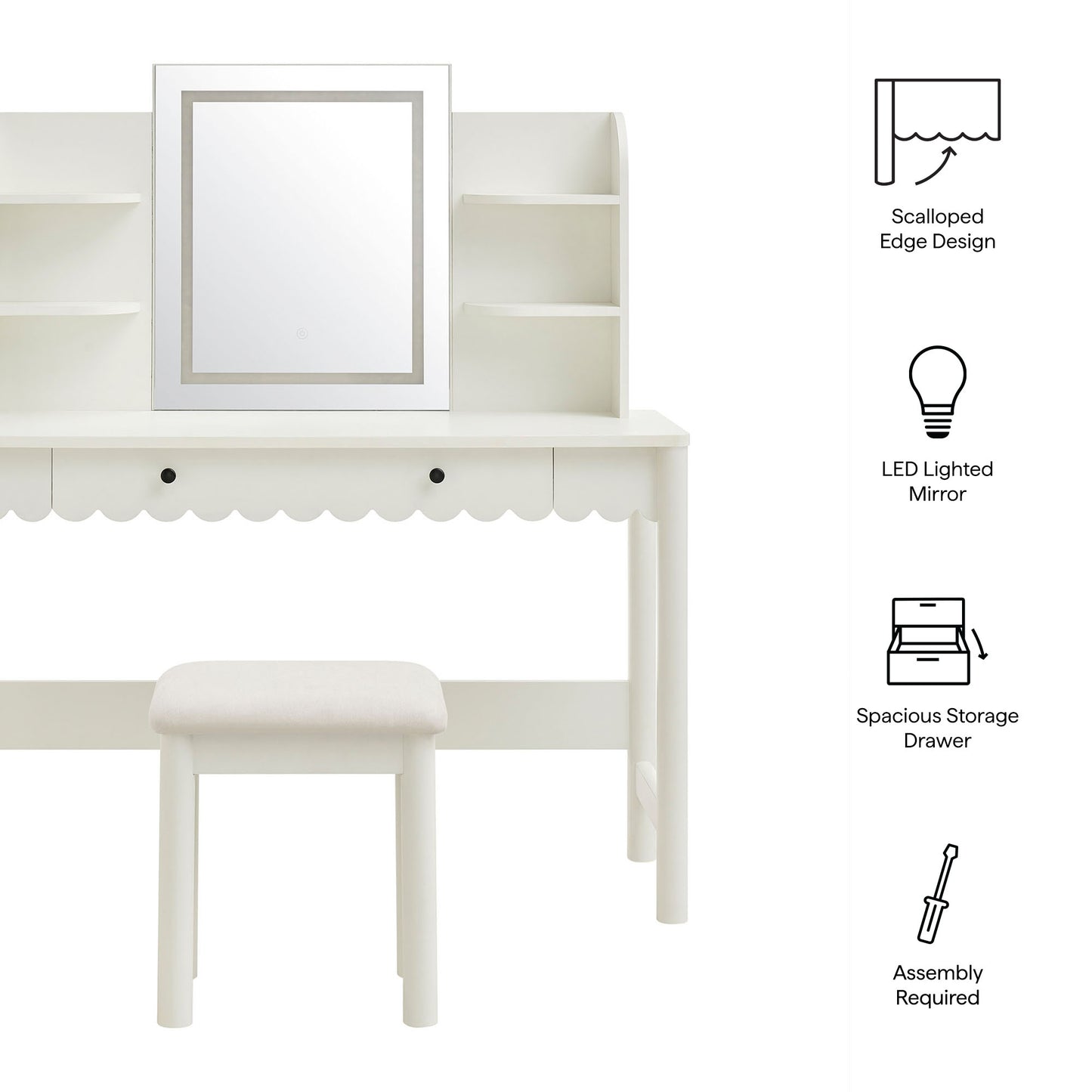 Emmeline Scalloped Makeup Vanity Desk With LED Mirror and Stool by Modway EEI-7726