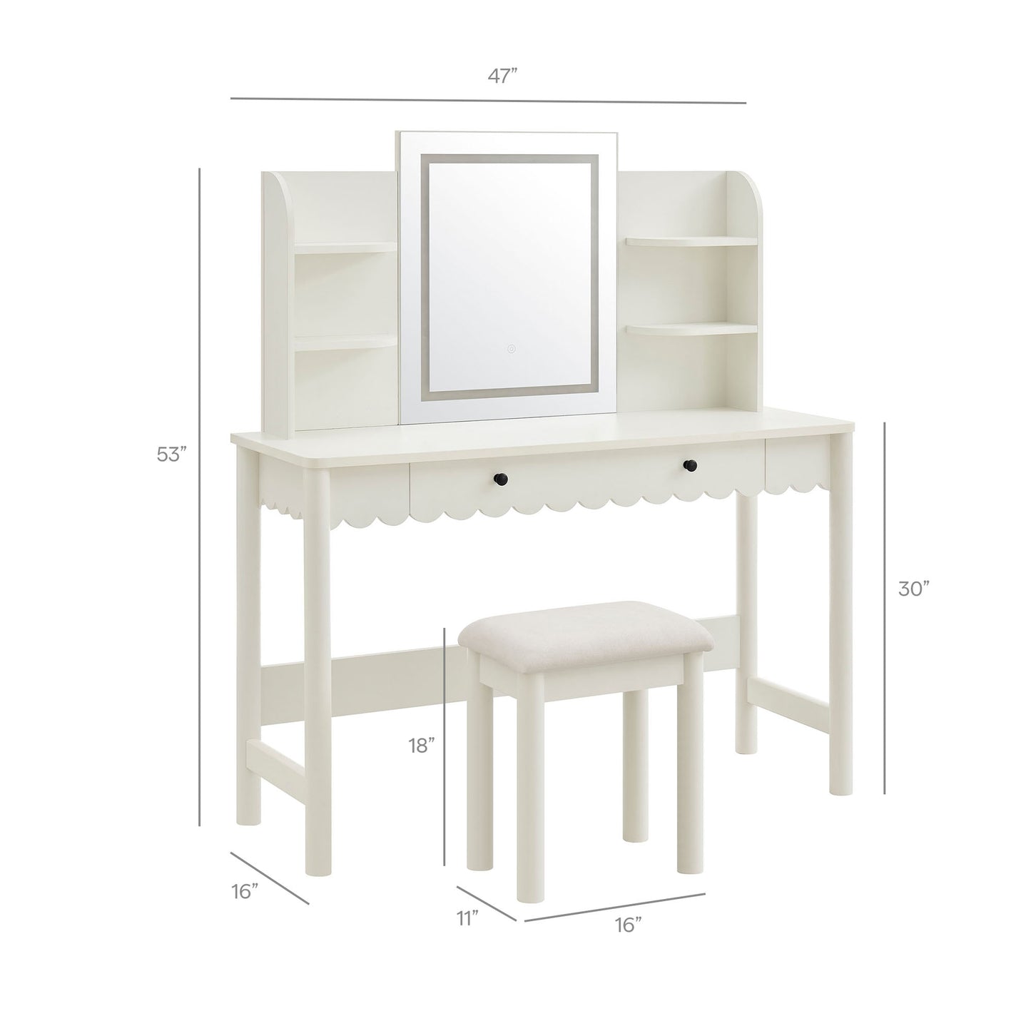 Emmeline Scalloped Makeup Vanity Desk With LED Mirror and Stool by Modway EEI-7726