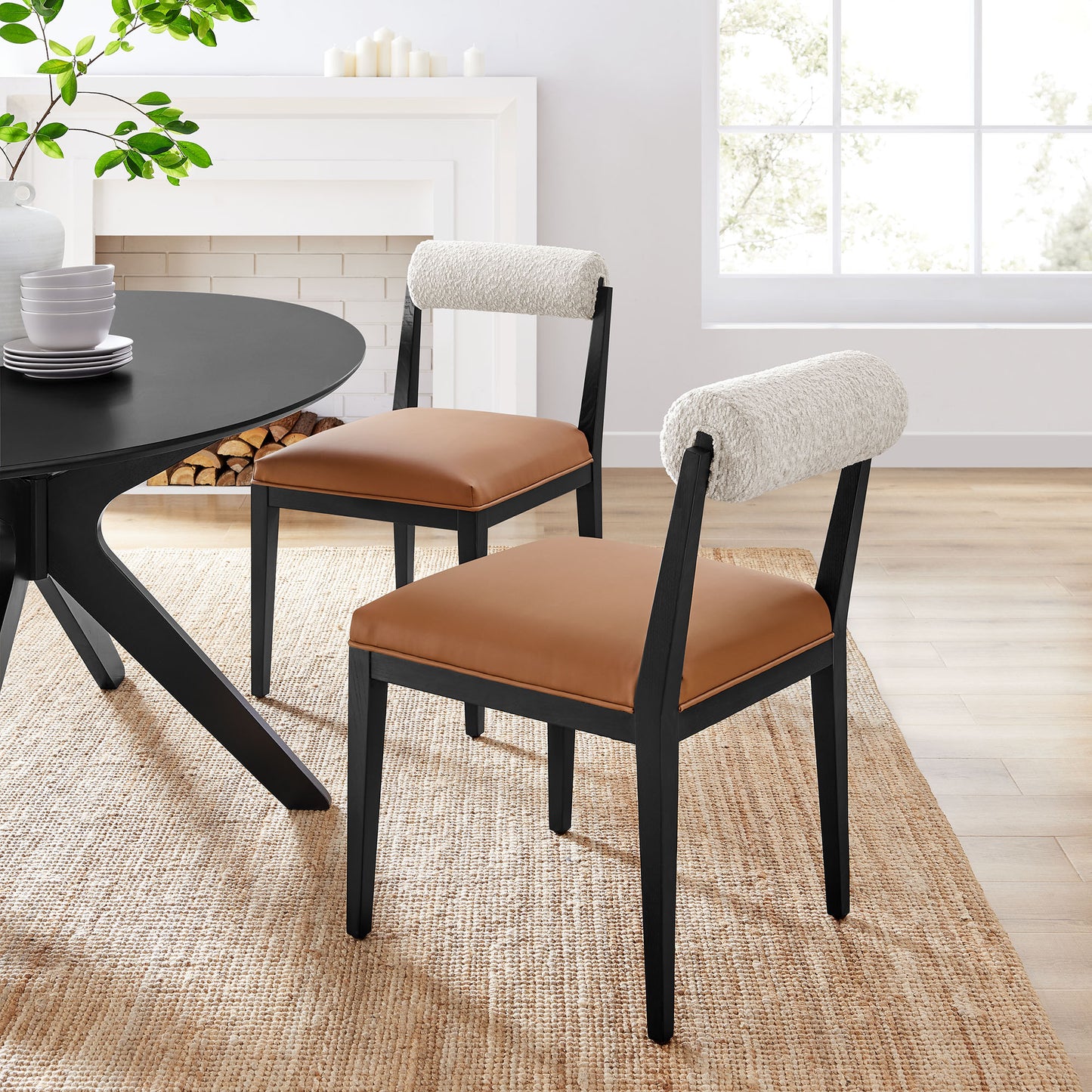 Kai Boucle and Vegan Leather Dining Chair Set of 2 by Modway EEI-7796