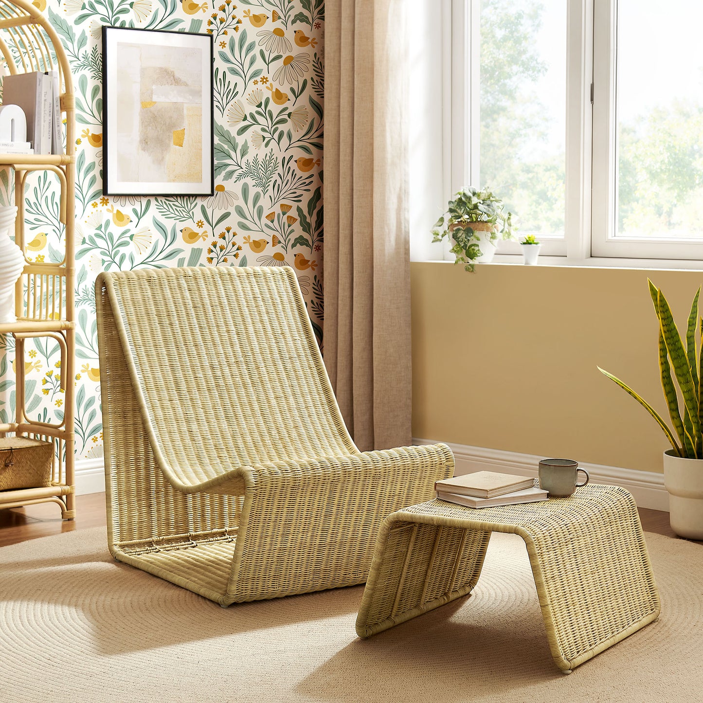 Eira 2 Piece Continuous Curved Natural Rattan Lounge Chair and Ottoman Set by Modway EEI-7944