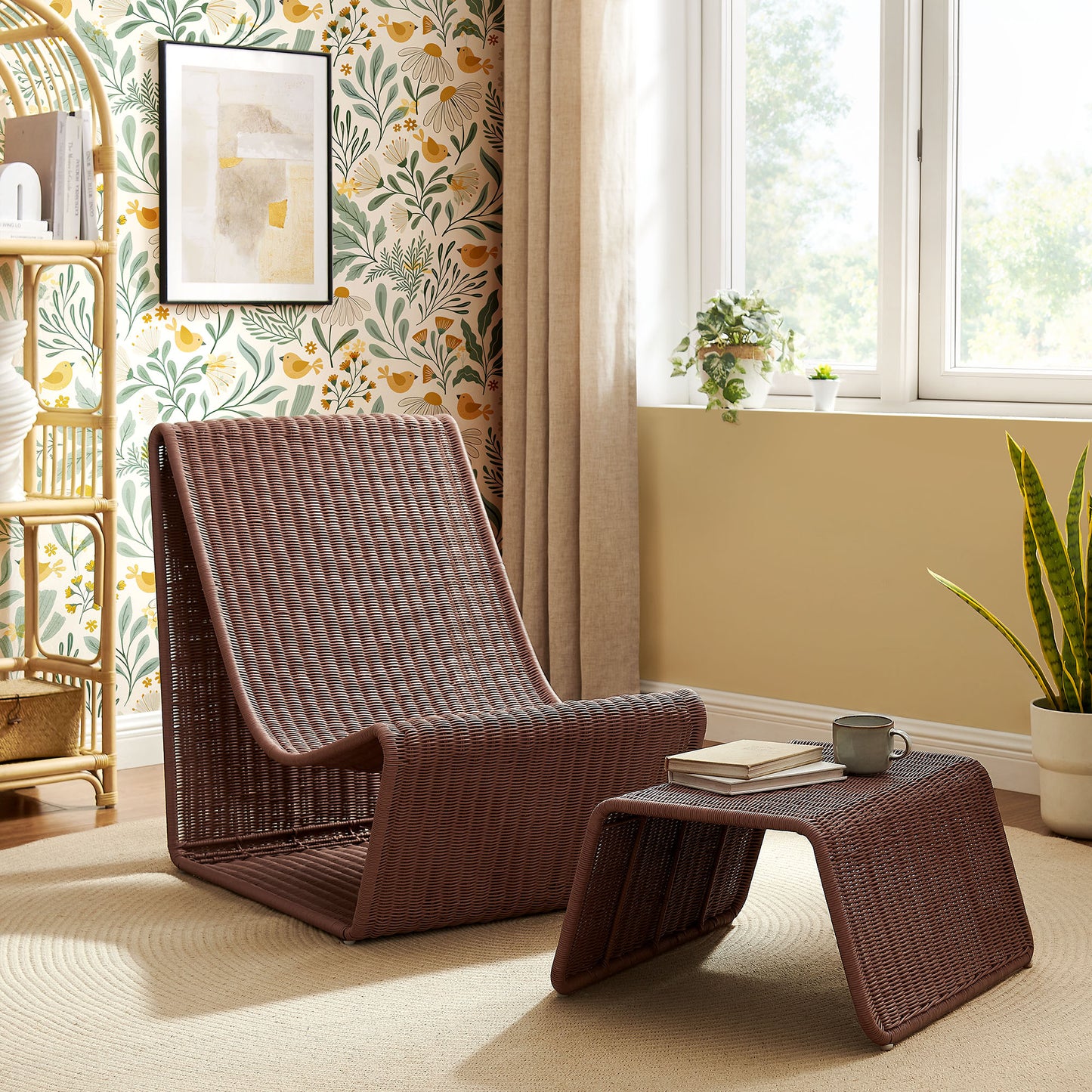 Eira 2 Piece Continuous Curved Natural Rattan Lounge Chair and Ottoman Set by Modway EEI-7945