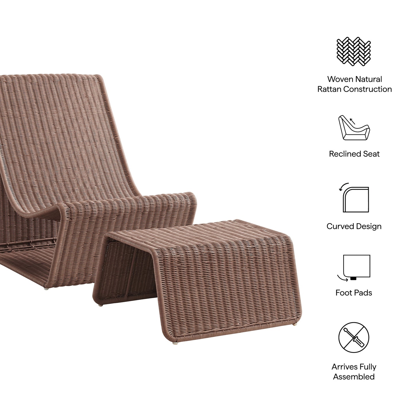 Eira 2 Piece Continuous Curved Natural Rattan Lounge Chair and Ottoman Set by Modway EEI-7945