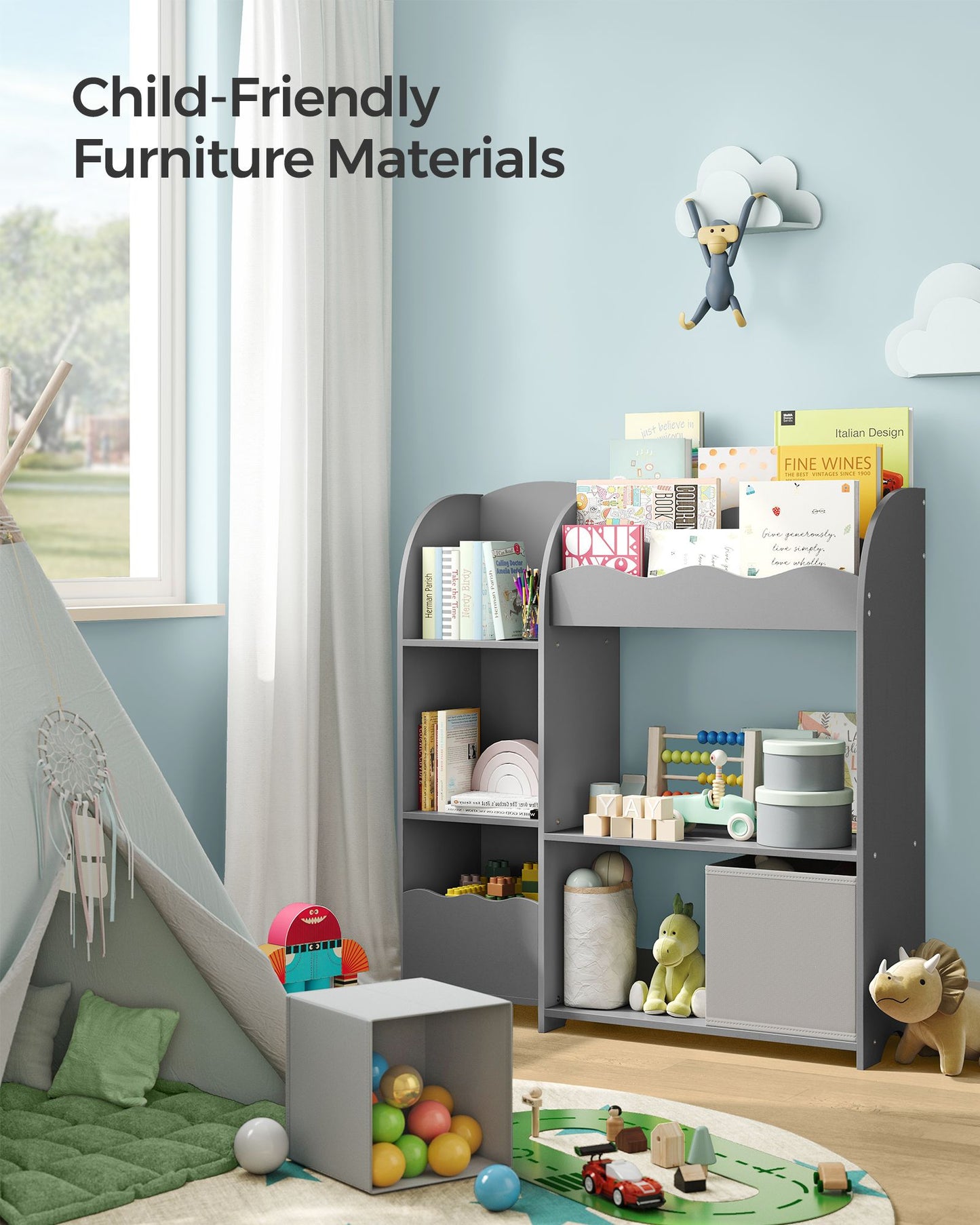 SONGMICS Toy and Book Organizer for Kids, Kids Bookshelf and Toy Storage – Dove Gray
