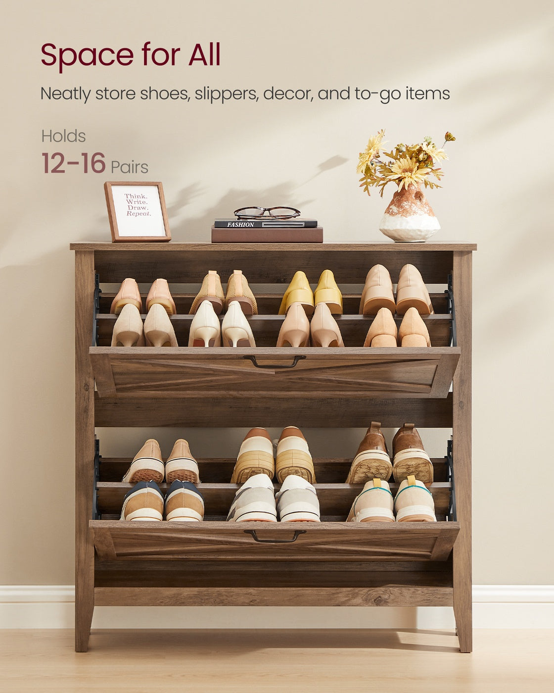 VASAGLE Liry Shoe Storage Cabinet Organizer with 2 Flip Drawers Fits 12 to 16 Pairs – Rustic White | UHSC201K01