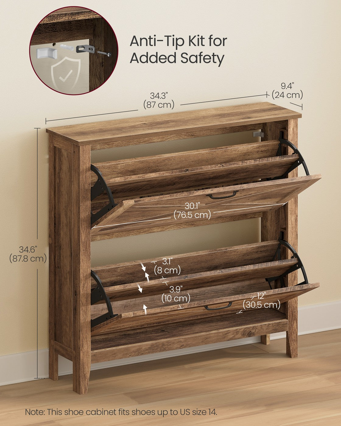 VASAGLE Liry Shoe Storage Cabinet Organizer with 2 Flip Drawers Fits 12 to 16 Pairs – Rustic White | UHSC201K01
