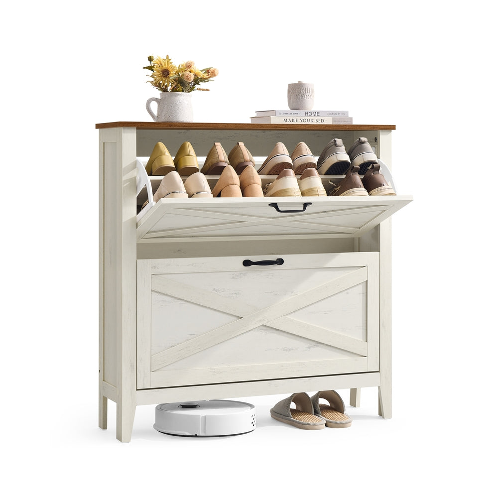 VASAGLE Liry Shoe Storage Cabinet Organizer with 2 Flip Drawers Fits 12 to 16 Pairs Rustic White | UHSC201W01