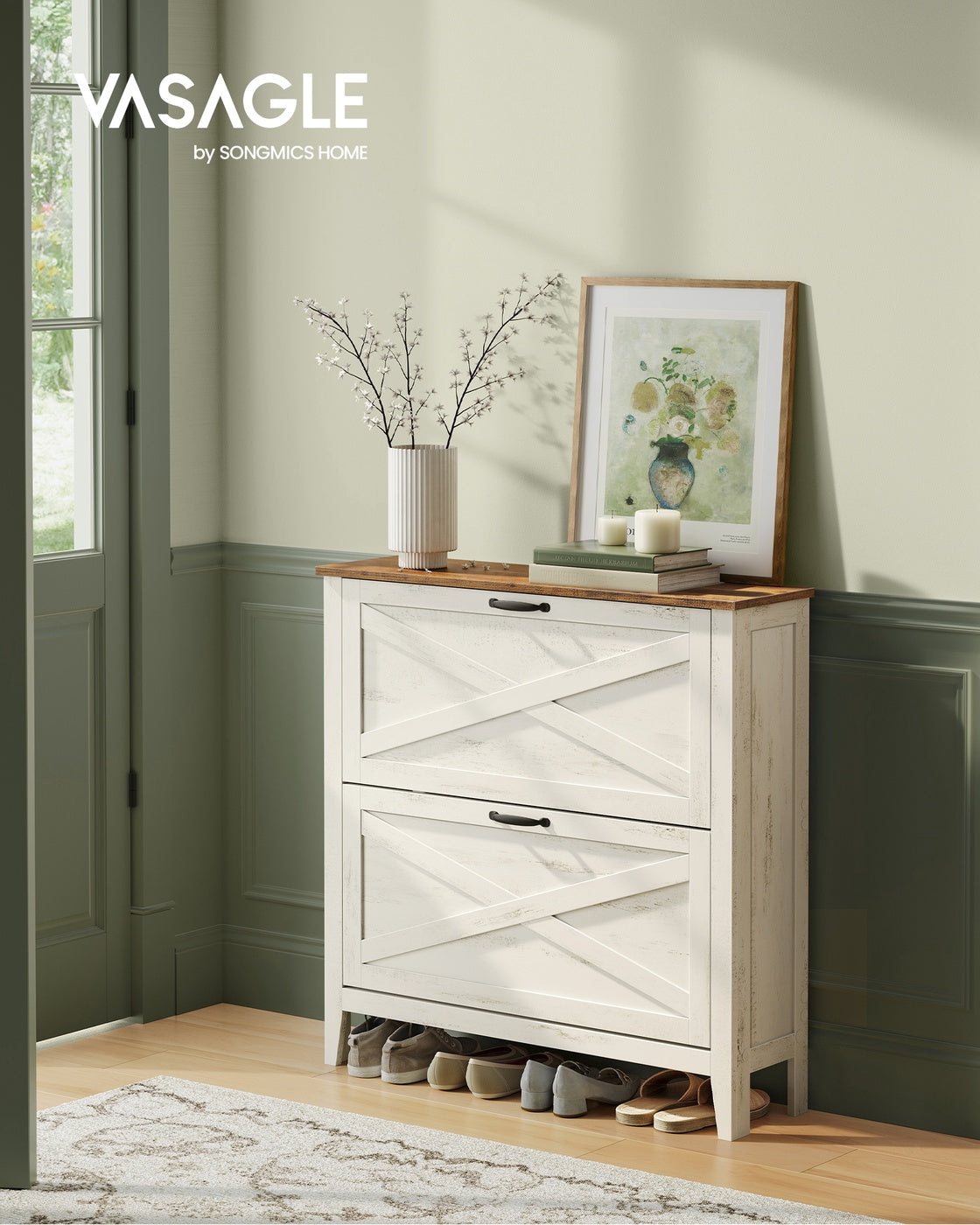 VASAGLE Liry Shoe Storage Cabinet Organizer with 2 Flip Drawers Fits 12 to 16 Pairs Rustic White | UHSC201W01