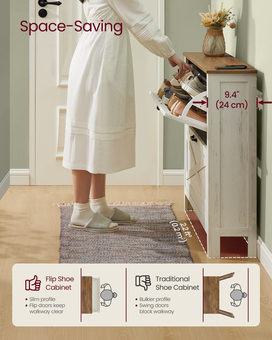 VASAGLE Liry Shoe Storage Cabinet Organizer with 2 Flip Drawers Fits 12 to 16 Pairs Rustic White | UHSC201W01