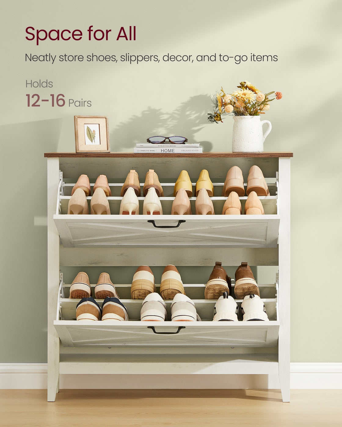 VASAGLE Liry Shoe Storage Cabinet Organizer with 2 Flip Drawers Fits 12 to 16 Pairs Rustic White | UHSC201W01