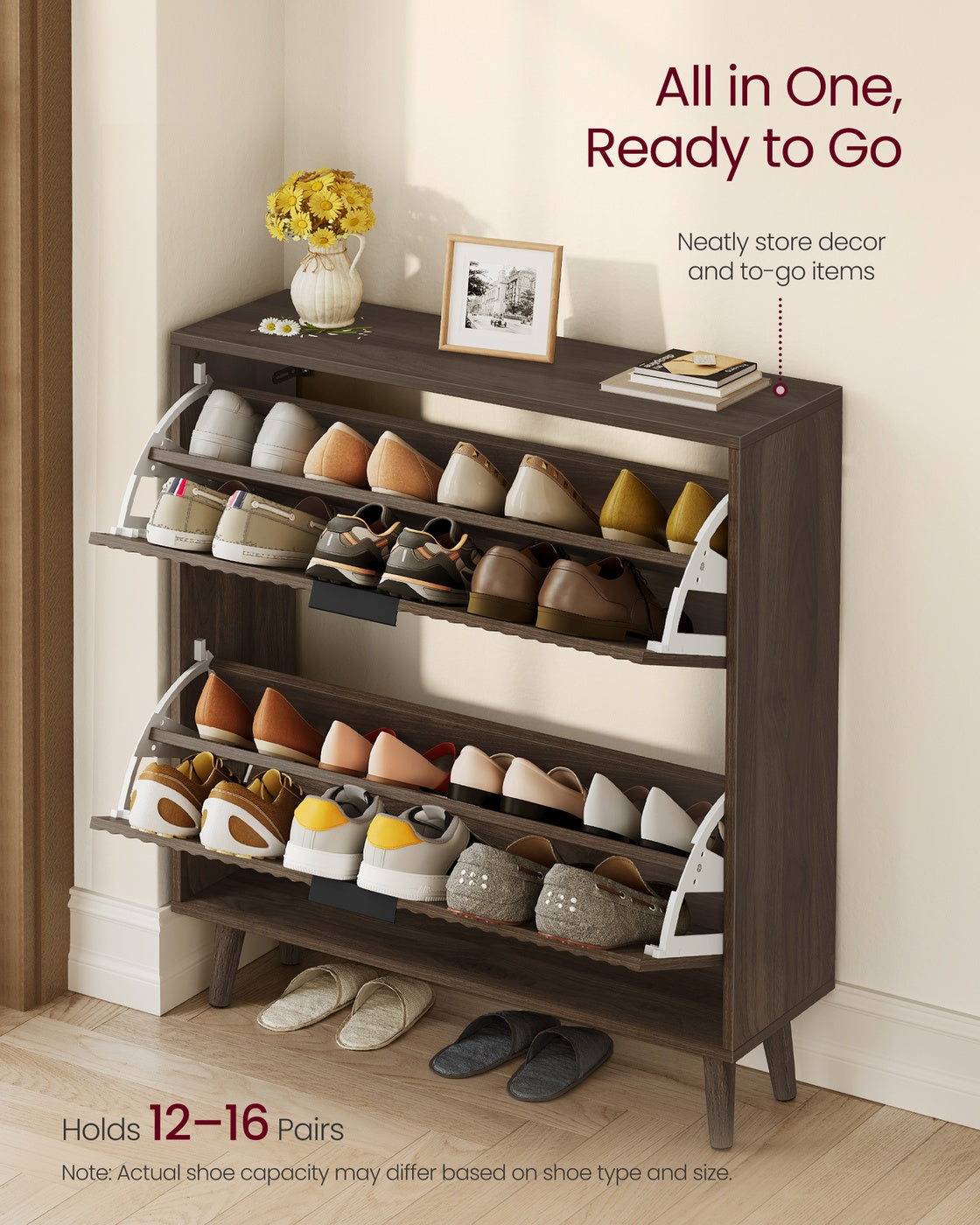 VASAGLE Maxe Collection Shoe Storage Cabinet, 2 Flip Drawers, Walnut Brown