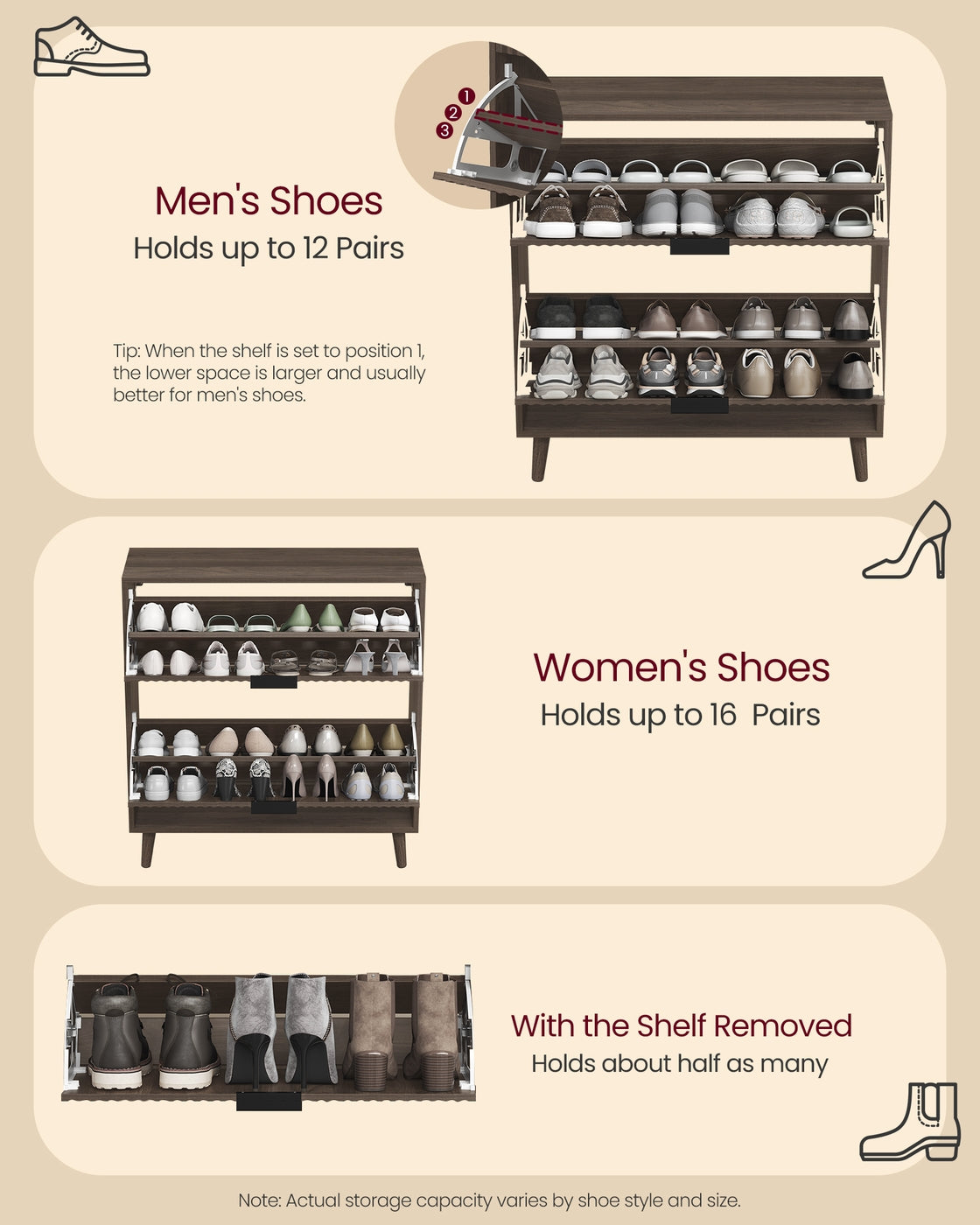 VASAGLE Maxe Collection Shoe Storage Cabinet, 2 Flip Drawers, Walnut Brown