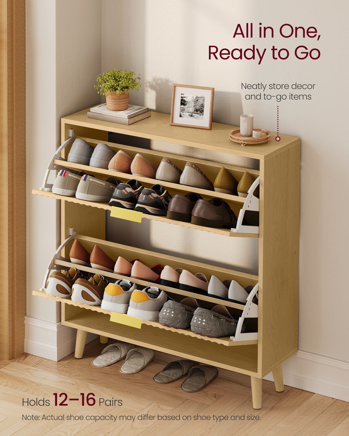 VASAGLE Maxe Shoe Storage Cabinet, 2 Flip Drawers, Oak Beige
