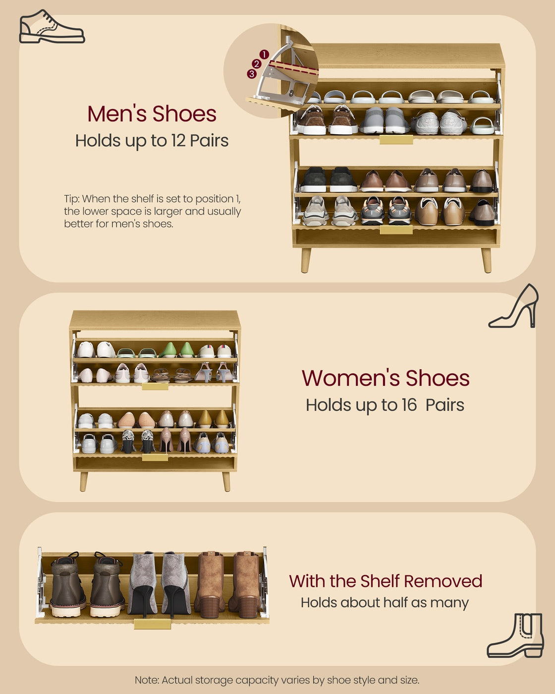 VASAGLE Maxe Shoe Storage Cabinet, 2 Flip Drawers, Oak Beige
