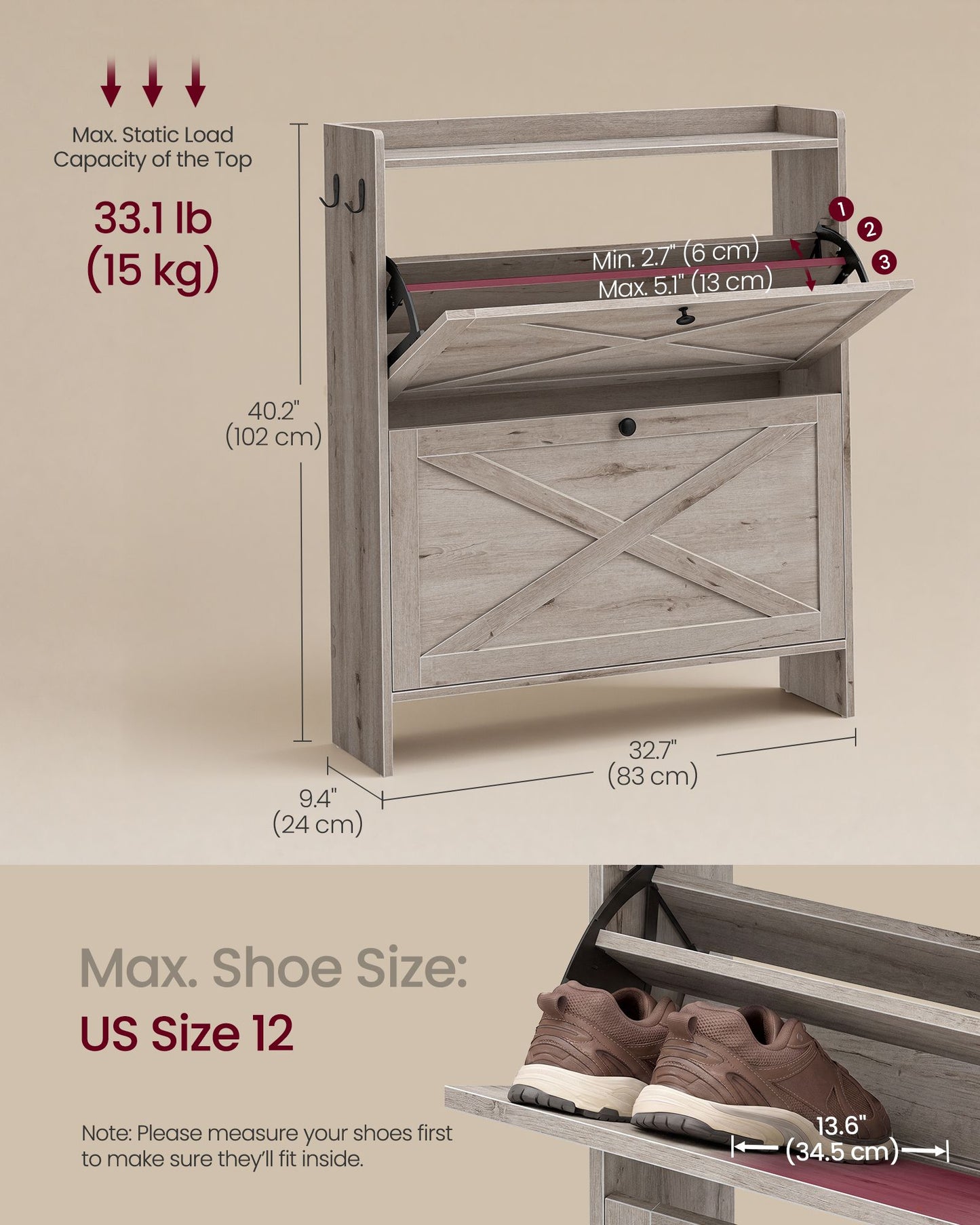 VASAGLE Shoe Storage Cabinet Organizer with 2 Flip Drawers – Washed Gray