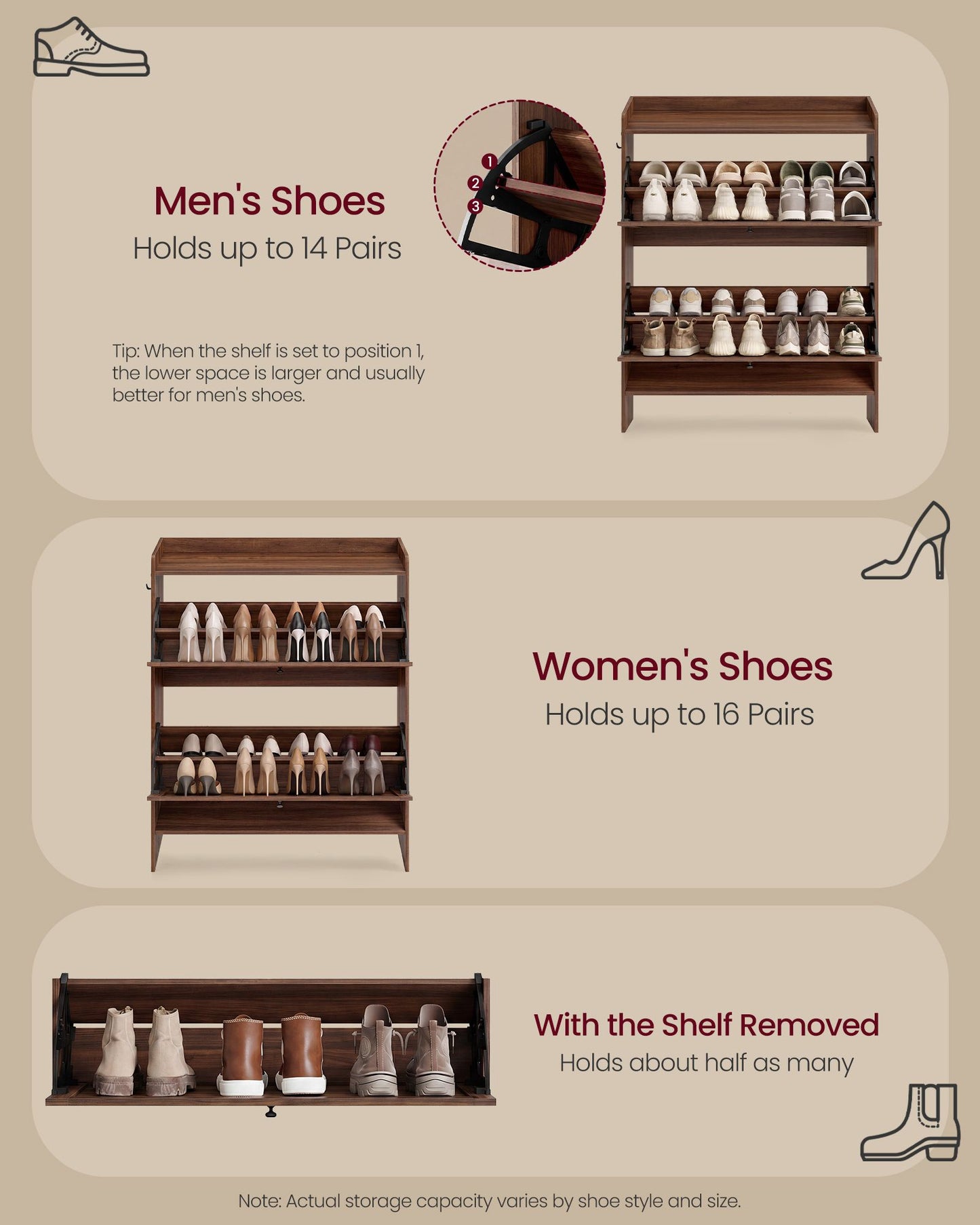 VASAGLE Shoe Storage Cabinet Organizer with 2 Flip Drawers – Chestnut Walnut