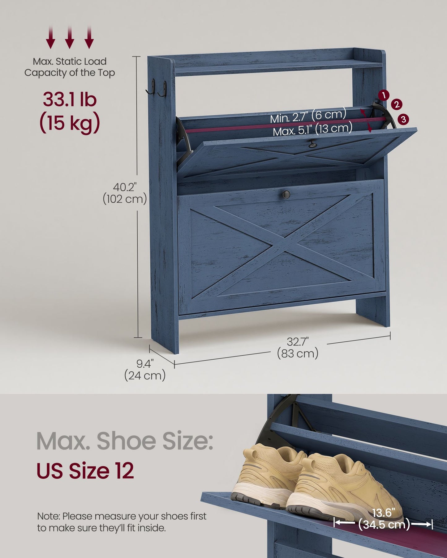 VASAGLE Shoe Storage Cabinet Organizer with 2 Flip Drawers – Cloud Creek Blue
