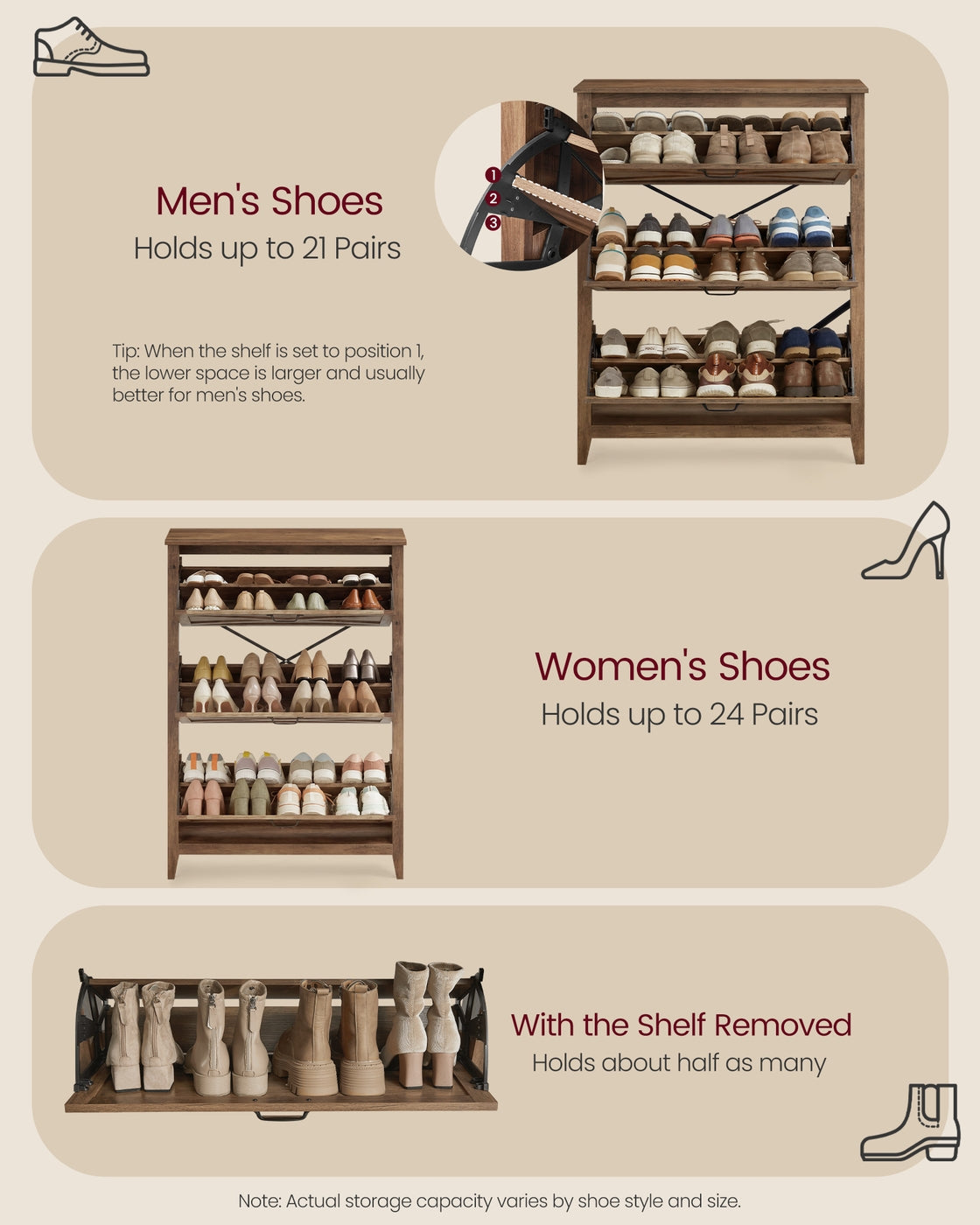 VASAGLE Liry Collection Shoe Storage Cabinet Organizer with 3 Flip Drawers Fits 18 to 24 Pairs Honey Brown
