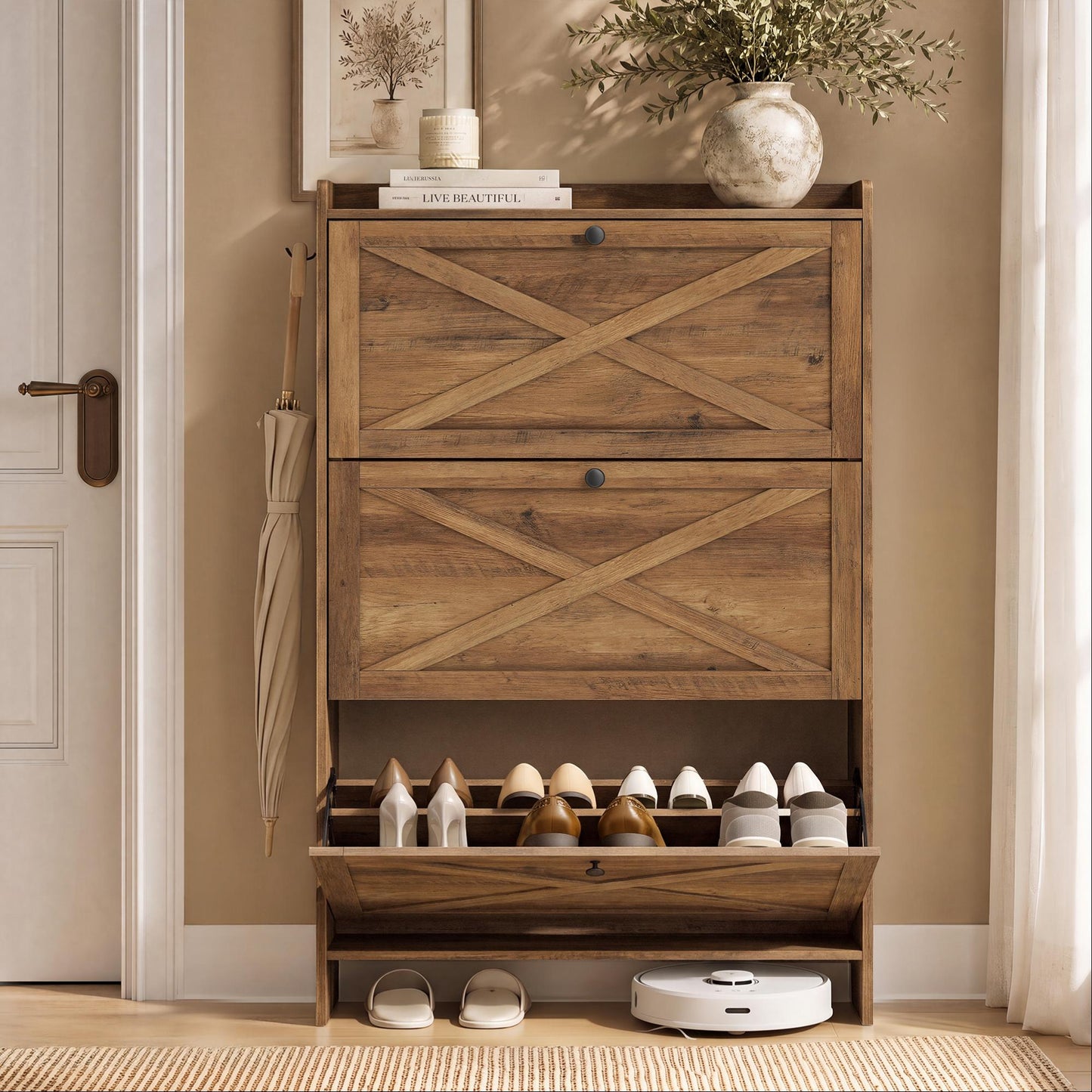 VASAGLE Shoe Storage Cabinet Organizer with 3 Flip Drawers – Rustic Brown