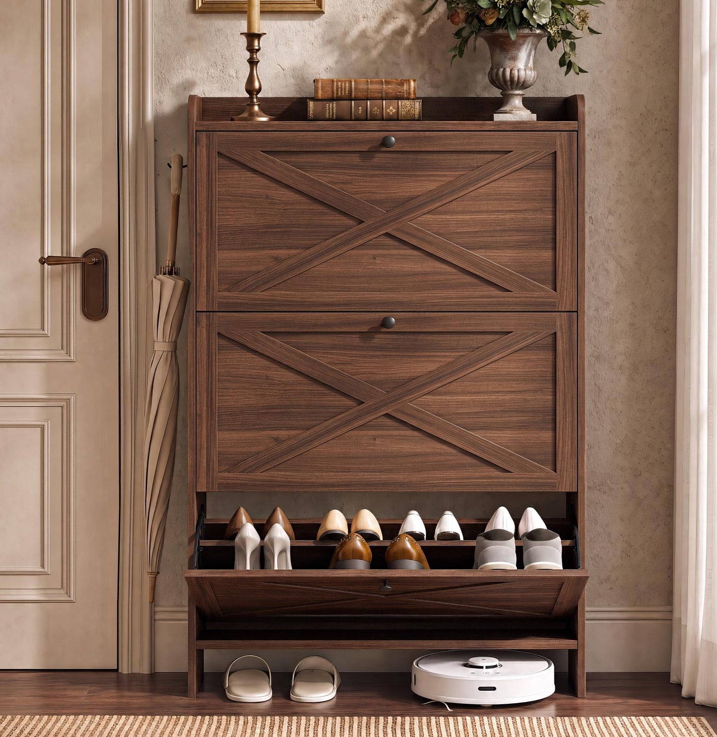 VASAGLE Shoe Storage Cabinet Organizer with 3 Flip Drawers – Chestnut Walnut