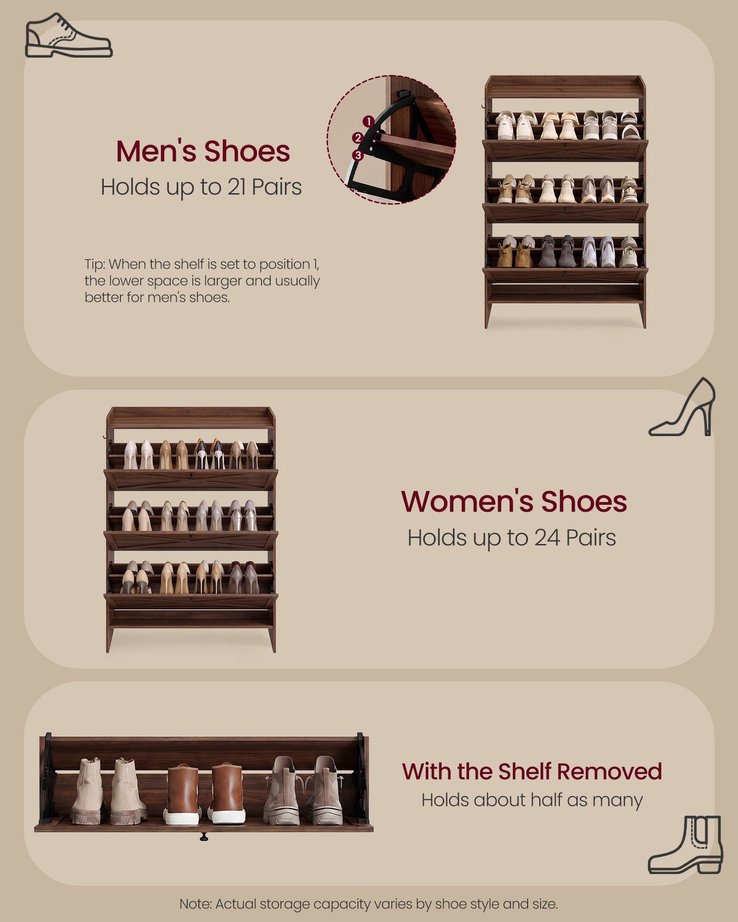 VASAGLE Shoe Storage Cabinet Organizer with 3 Flip Drawers – Chestnut Walnut
