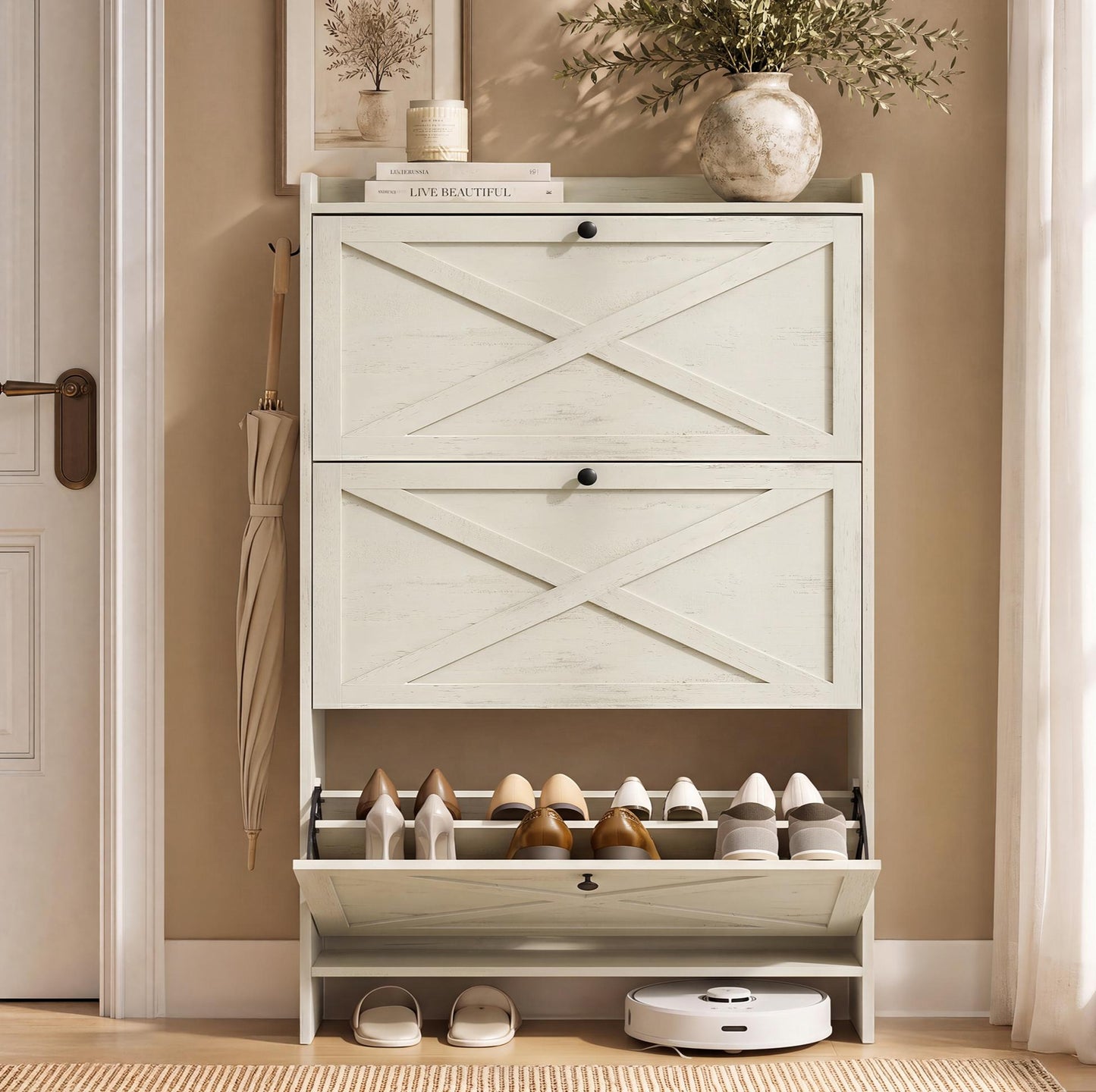 VASAGLE Shoe Storage Cabinet Organizer with 3 Flip Drawers – Cloud Creek White