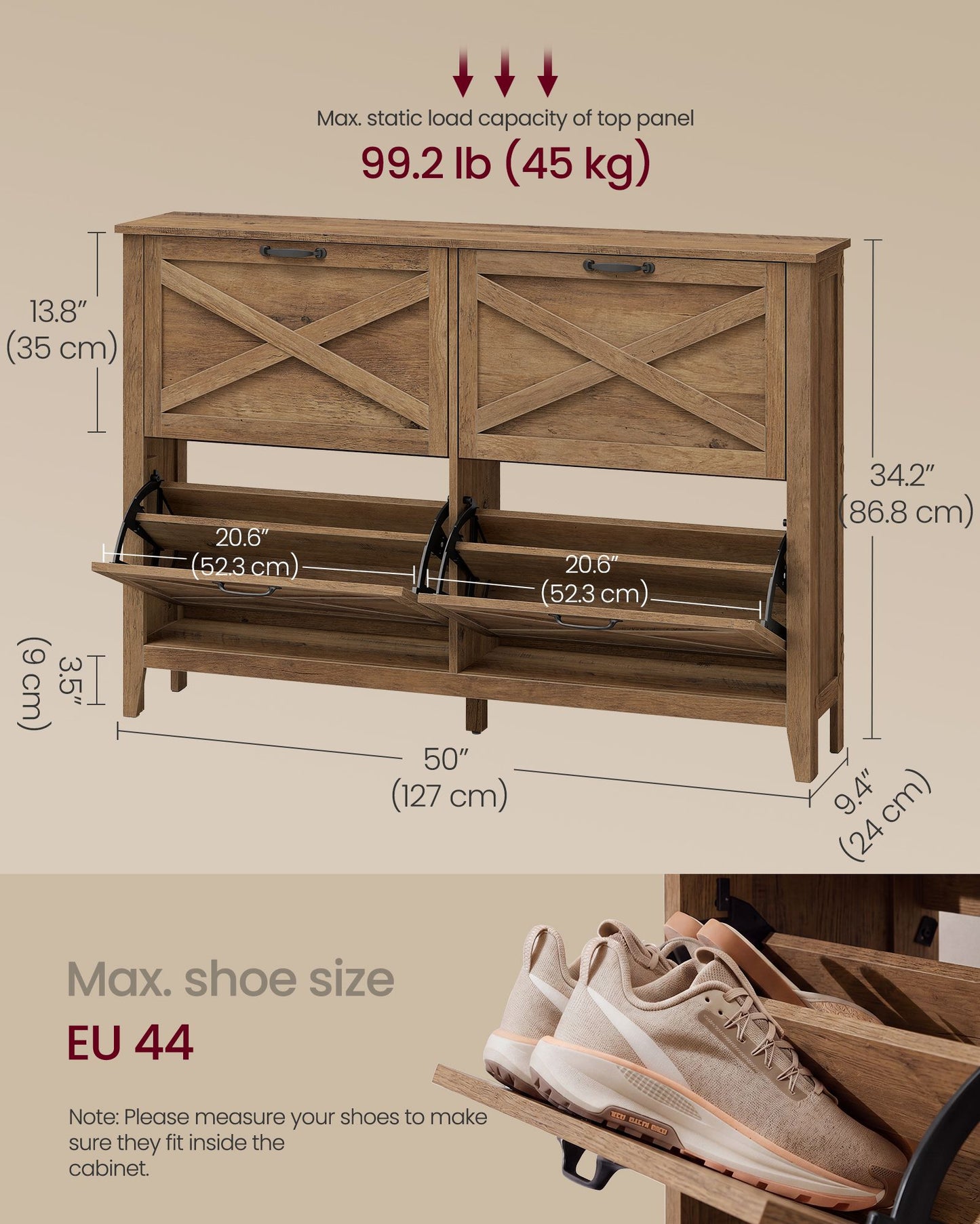 VASAGLE Farmhouse Shoe Cabinet, Narrow Storage Organizer, 4 Flip Drawers Shoe Storage Organizer – Rustic Brown