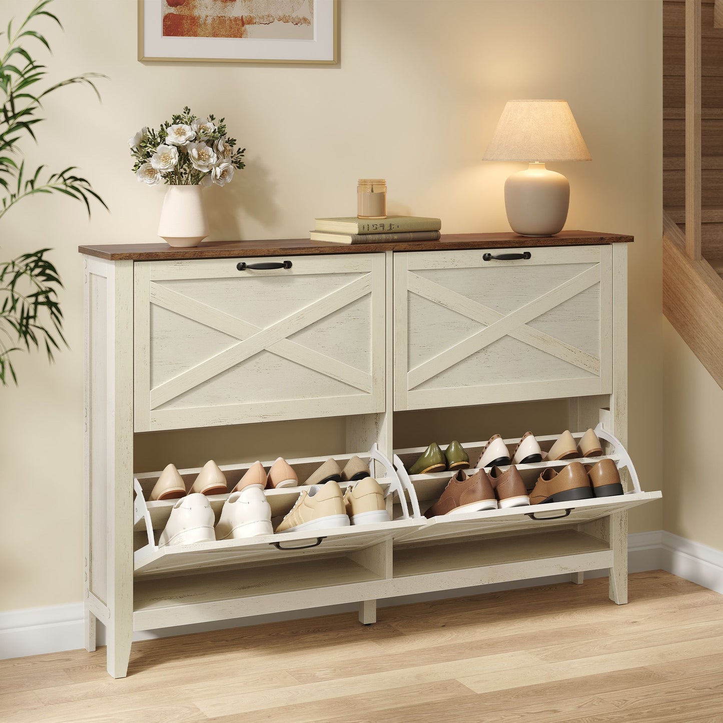 VASAGLE Farmhouse Shoe Cabinet, Narrow Storage Organizer, 4 Flip Drawers Shoe Storage Organizer – Cloud White and Rustic Brown