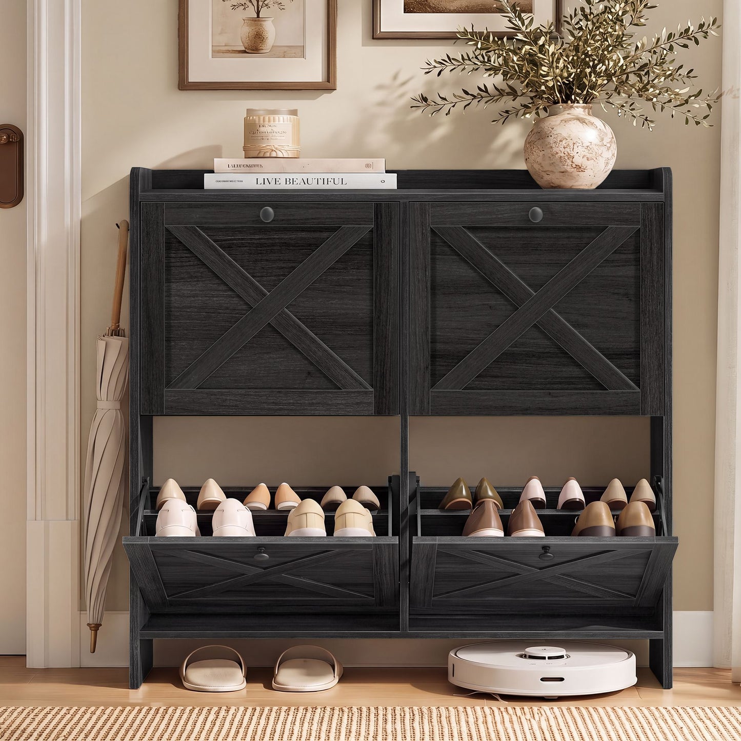 VASAGLE Farmhouse Shoe Cabinet with 4 Flip Drawers – Smoky Black