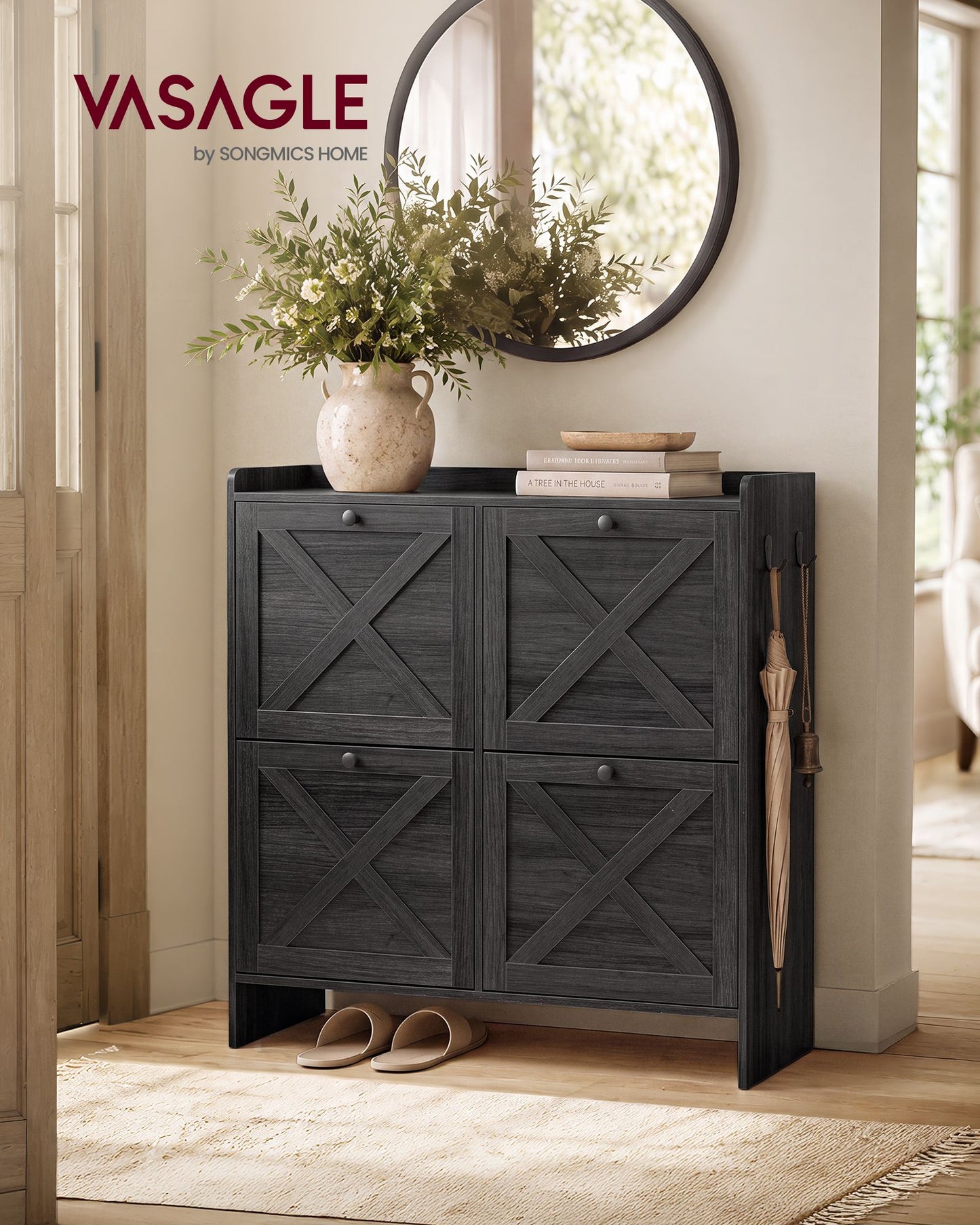 VASAGLE Farmhouse Shoe Cabinet with 4 Flip Drawers – Smoky Black