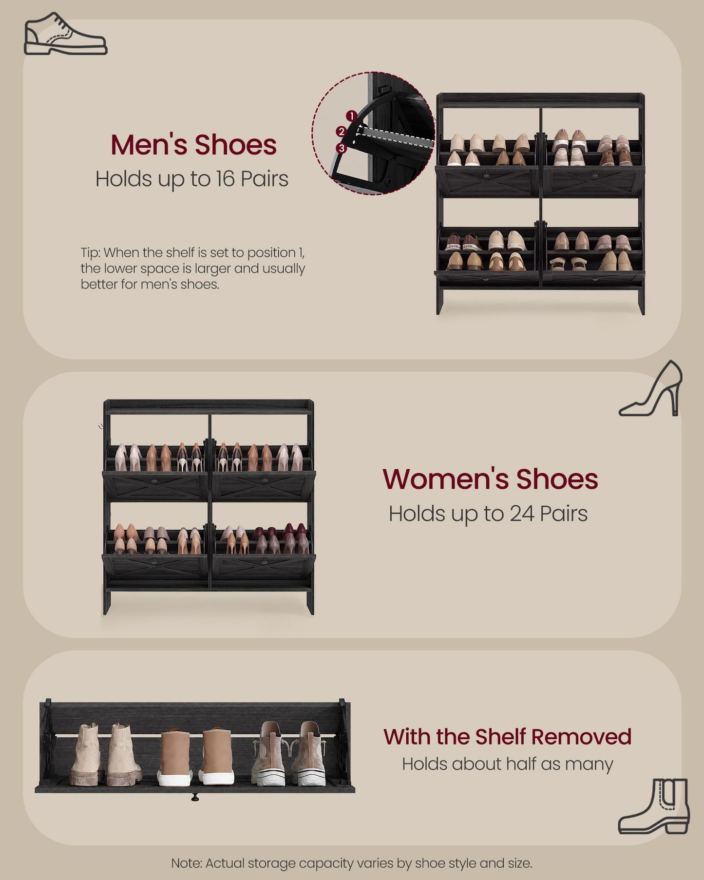 VASAGLE Farmhouse Shoe Cabinet with 4 Flip Drawers – Smoky Black