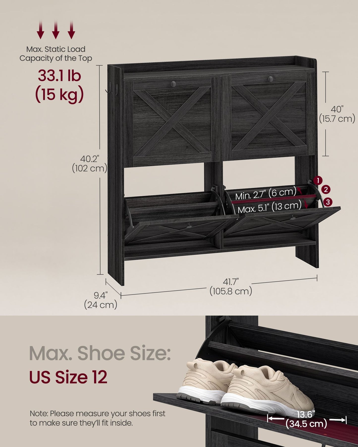 VASAGLE Farmhouse Shoe Cabinet with 4 Flip Drawers – Smoky Black