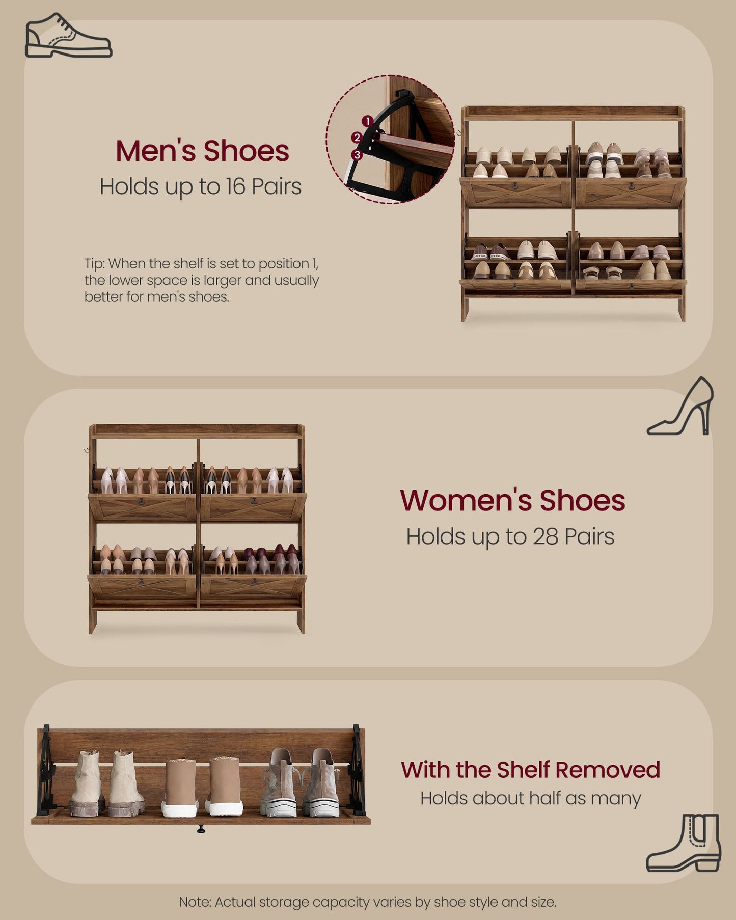 VASAGLE Farmhouse Shoe Cabinet with 4 Flip Drawers – Warm Earth Brown
