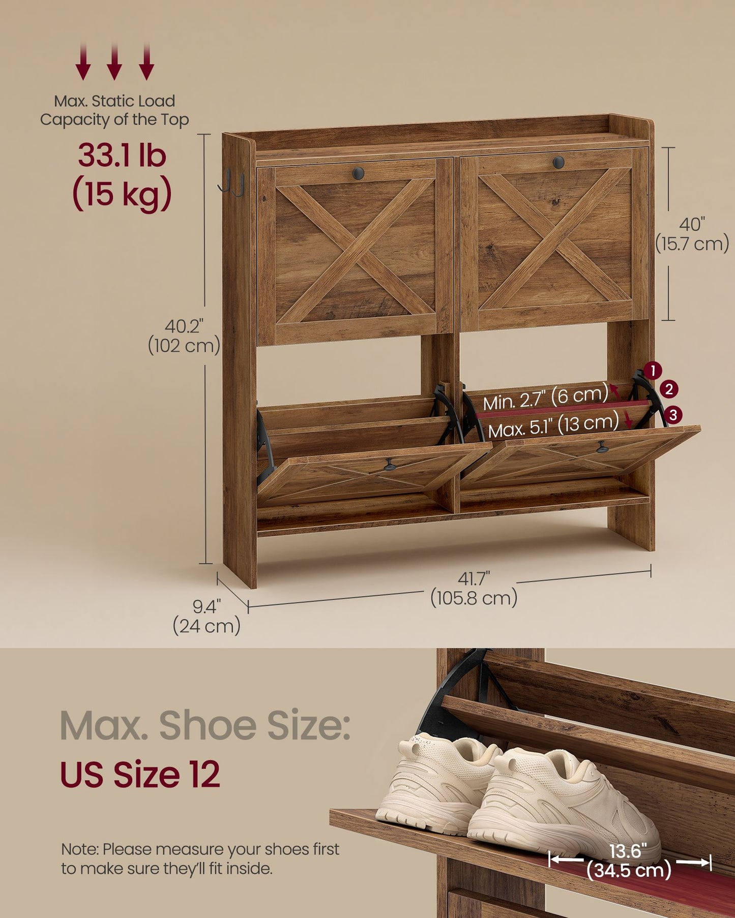 VASAGLE Farmhouse Shoe Cabinet with 4 Flip Drawers – Warm Earth Brown