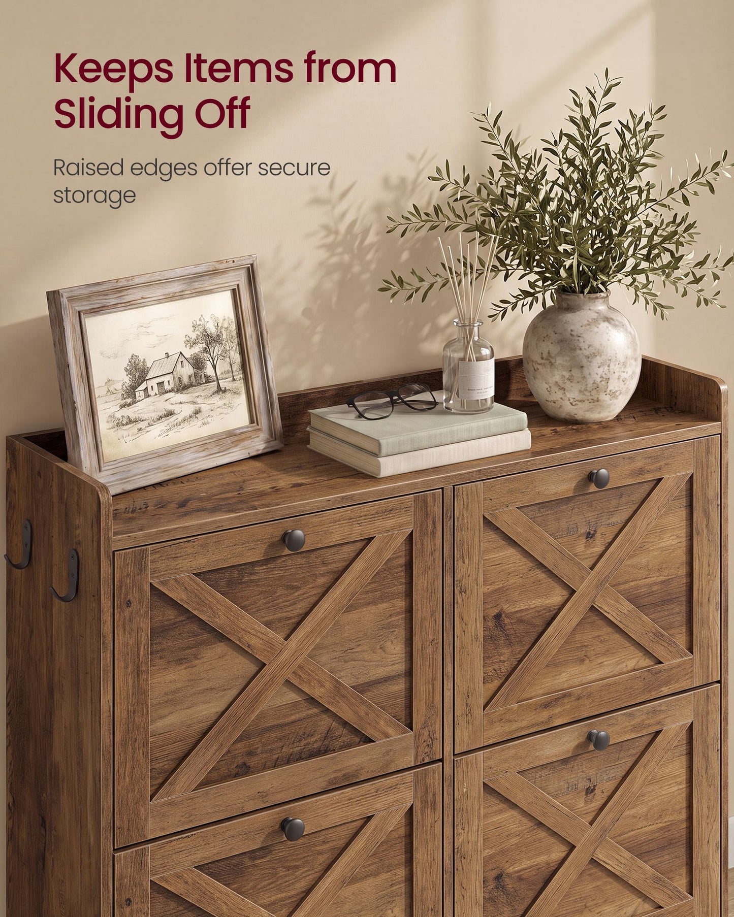 VASAGLE Farmhouse Shoe Cabinet with 4 Flip Drawers – Warm Earth Brown
