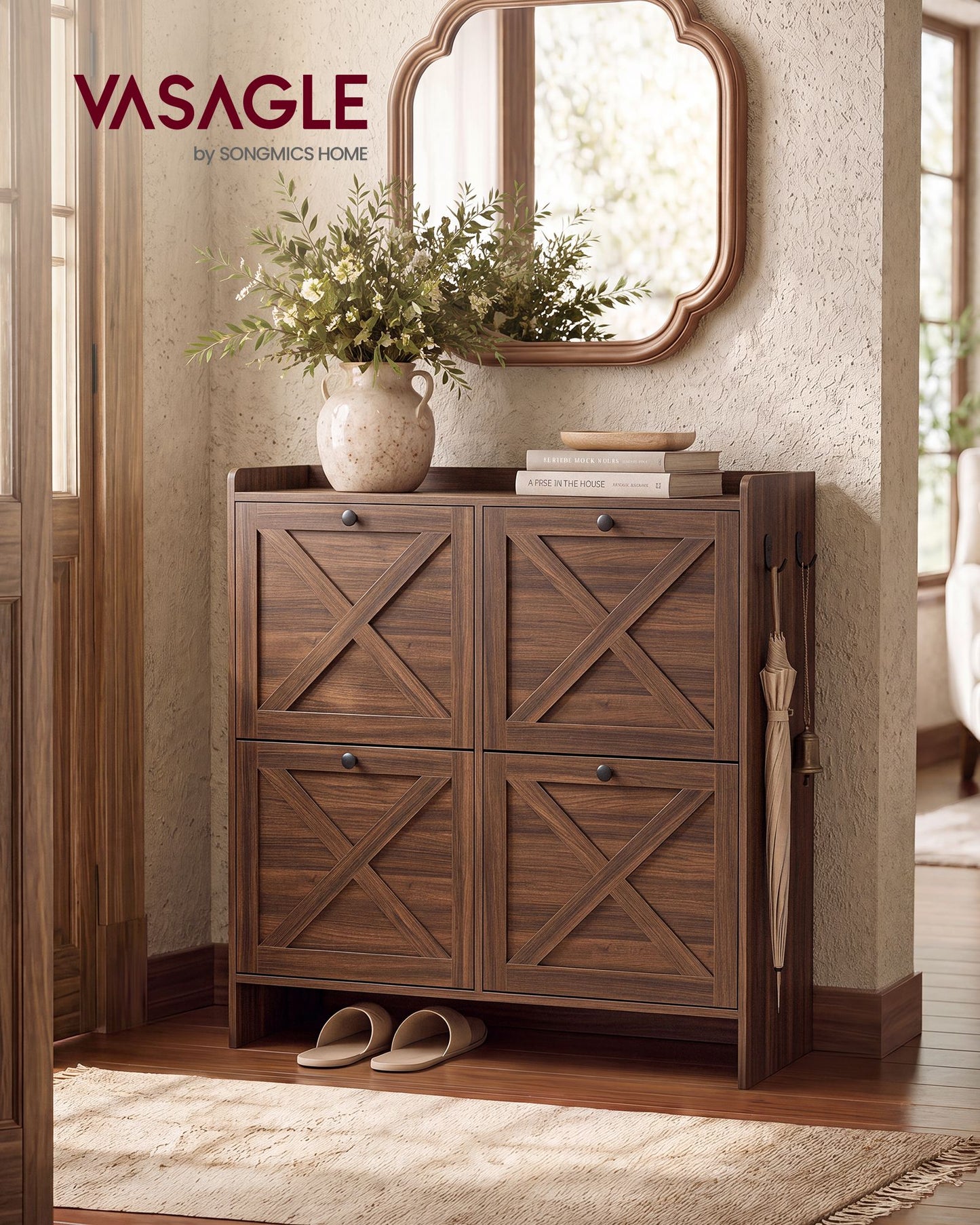 VASAGLE Farmhouse Shoe Cabinet with 4 Flip Drawers – Chestnut Walnut