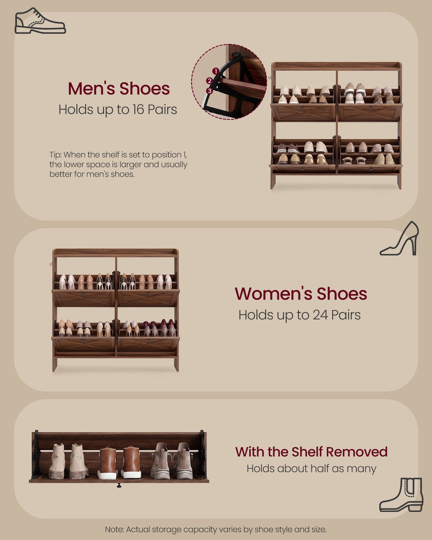 VASAGLE Farmhouse Shoe Cabinet with 4 Flip Drawers – Chestnut Walnut