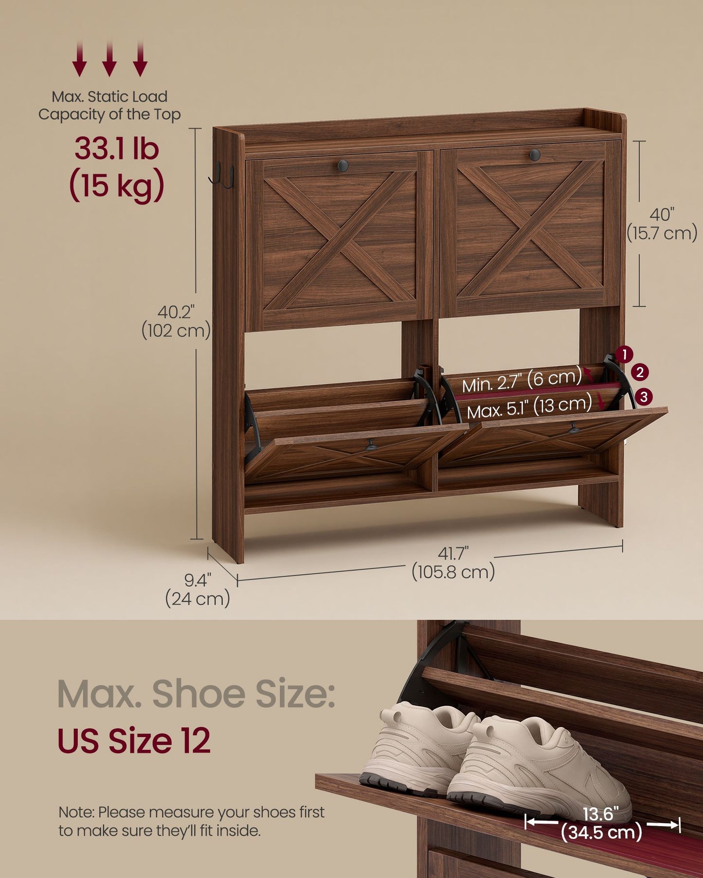 VASAGLE Farmhouse Shoe Cabinet with 4 Flip Drawers – Chestnut Walnut