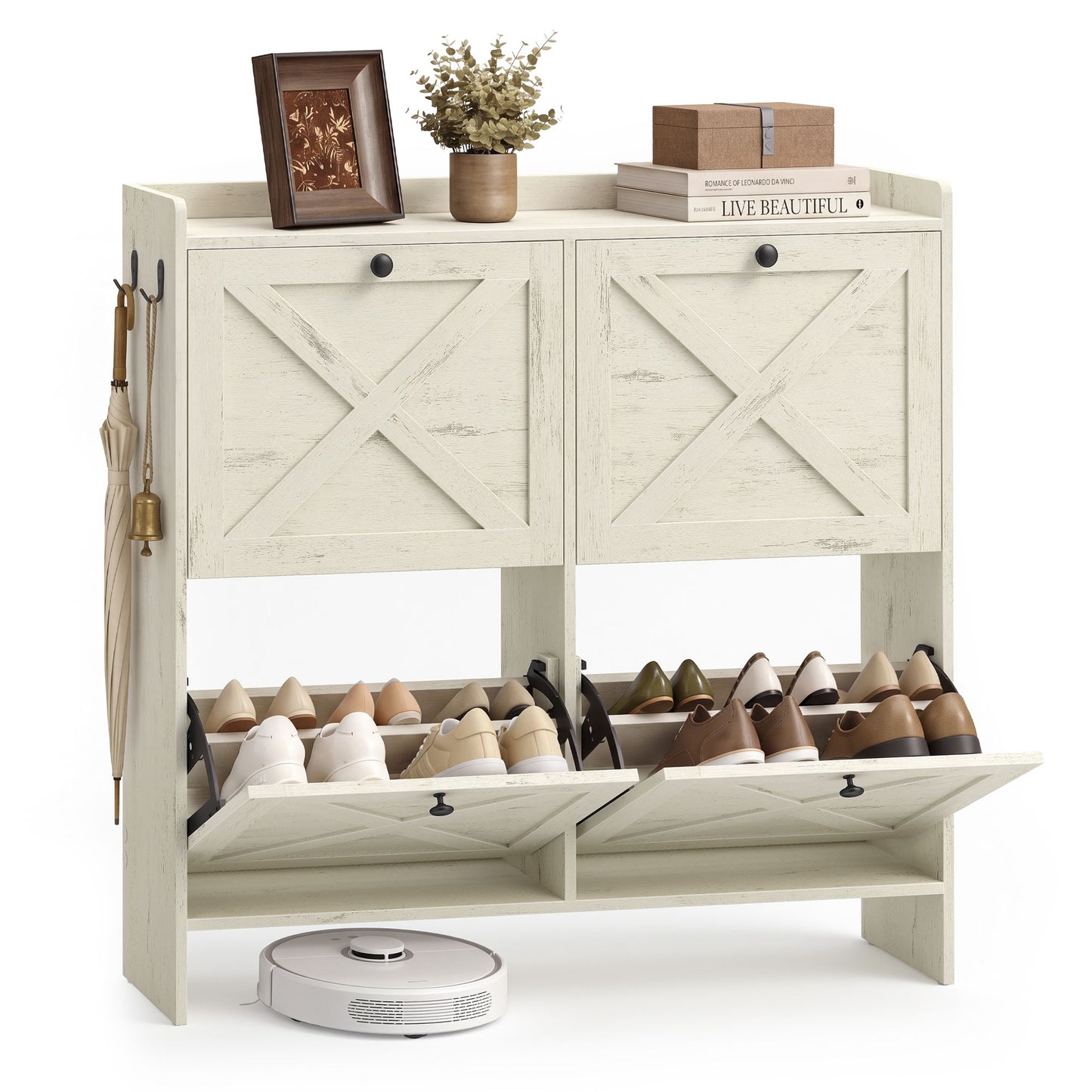 VASAGLE Farmhouse Shoe Cabinet with 4 Flip Drawers – Cloud White