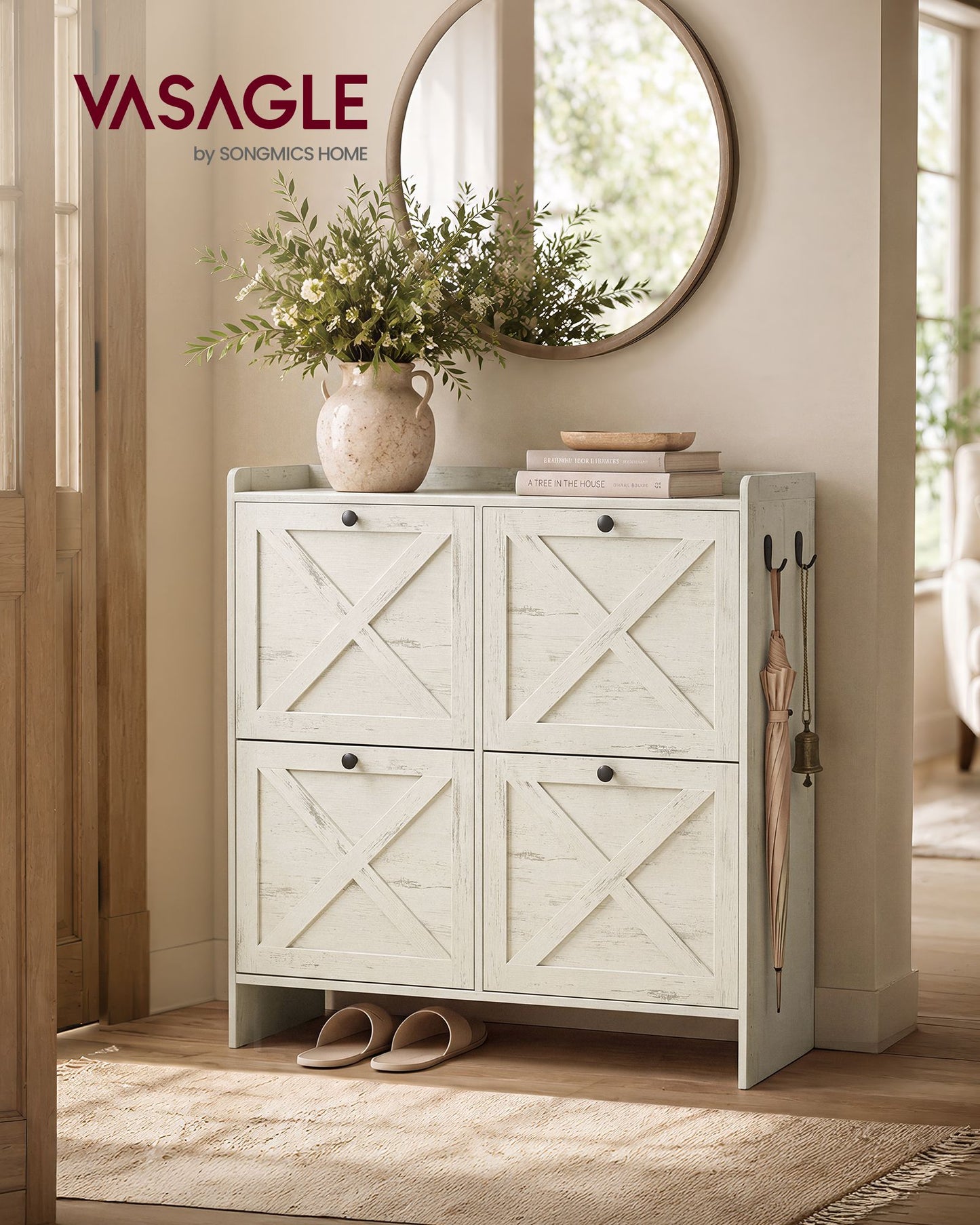 VASAGLE Farmhouse Shoe Cabinet with 4 Flip Drawers – Cloud White