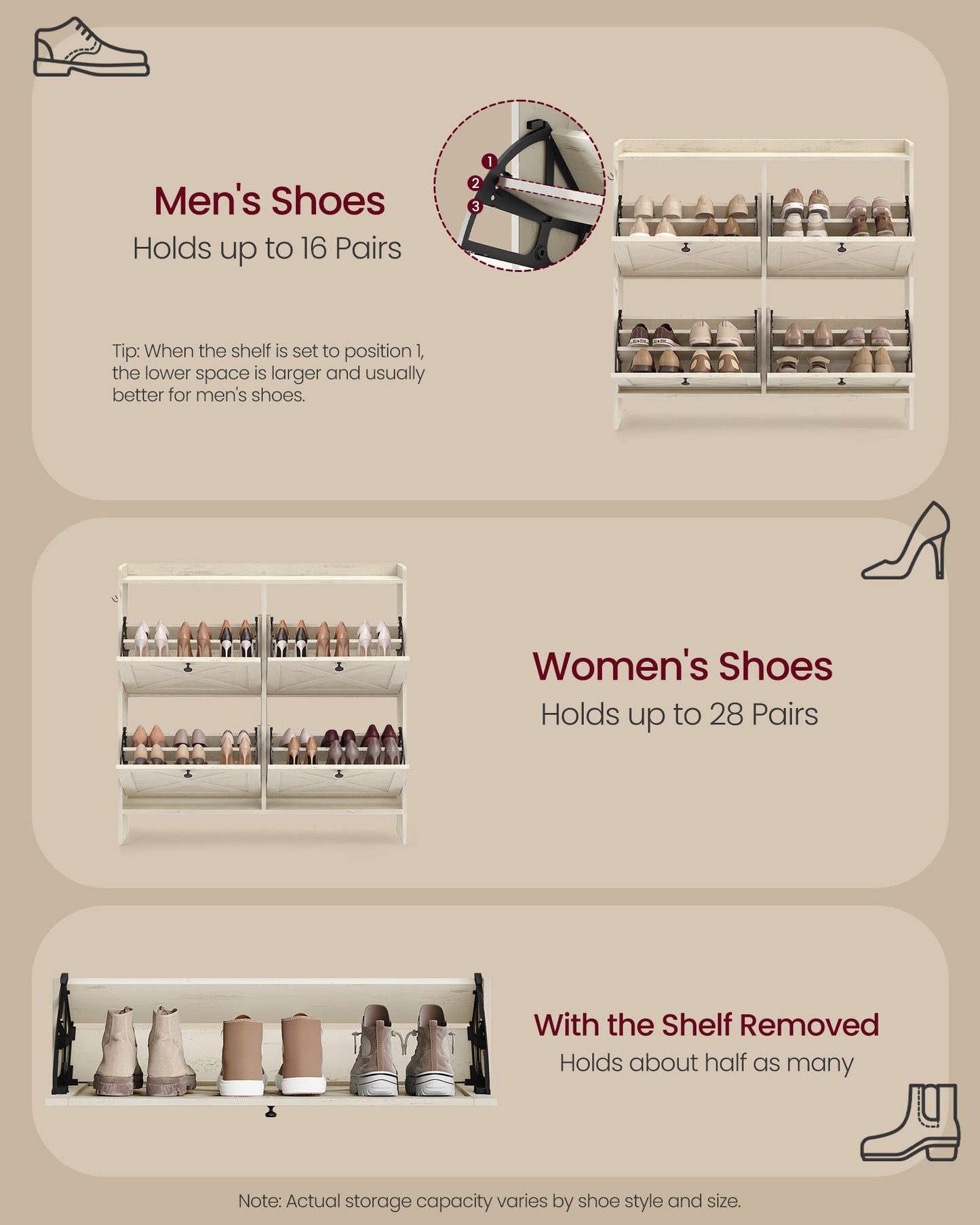 VASAGLE Farmhouse Shoe Cabinet with 4 Flip Drawers – Cloud White