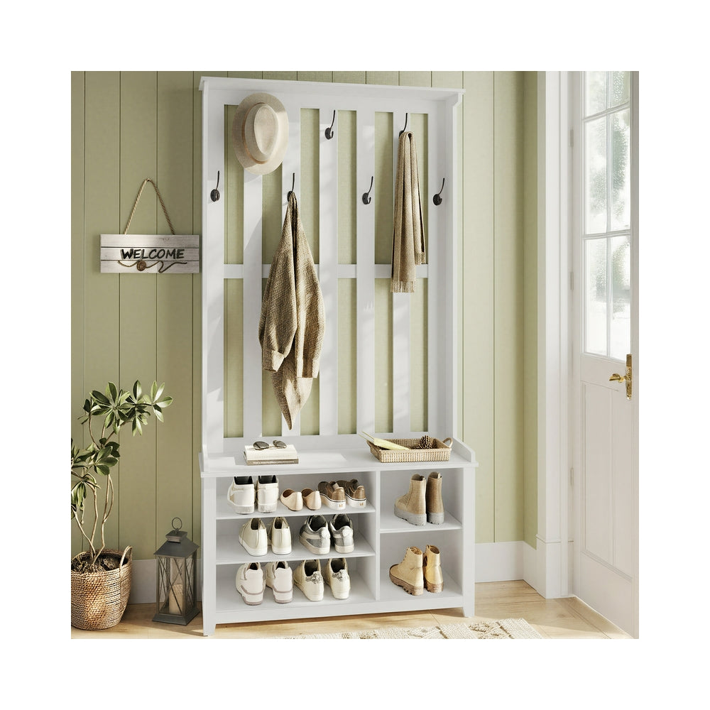VASAGLE Hall Tree Coat Rack, Shoe Bench, 13.8 X 31.9 X 70.9 Inches, White – Matte White
