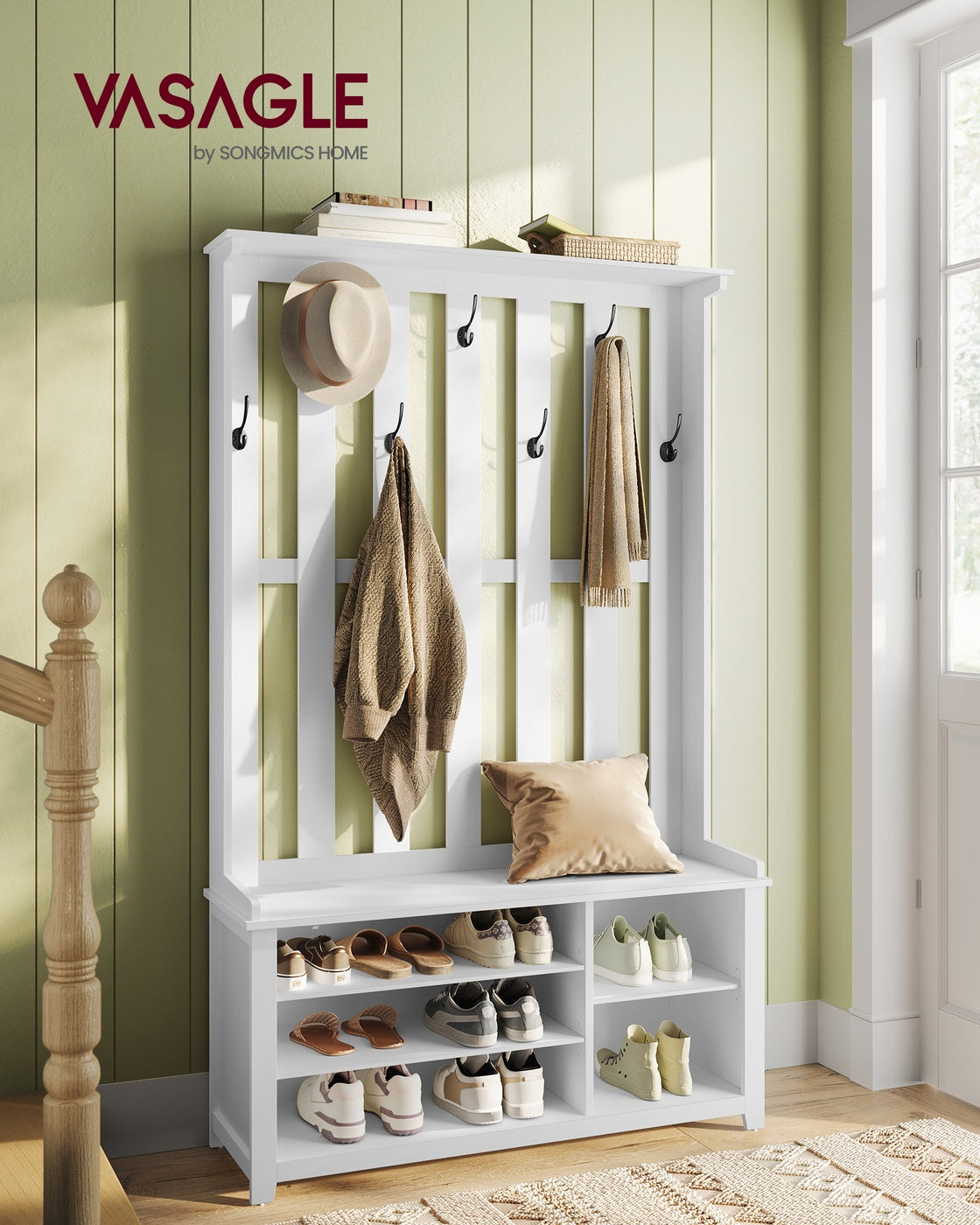 VASAGLE Hall Tree Coat Rack, Shoe Bench, 13.8 X 31.9 X 70.9 Inches, White – Matte White