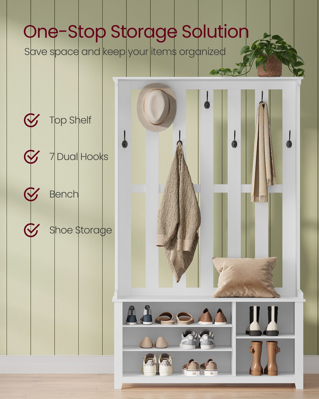 VASAGLE Hall Tree Coat Rack, Shoe Bench, 13.8 X 31.9 X 70.9 Inches, White – Matte White