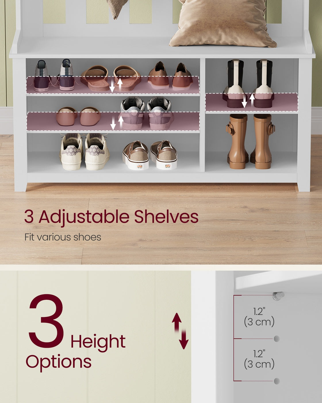 VASAGLE Hall Tree Coat Rack, Shoe Bench, 13.8 X 31.9 X 70.9 Inches, White – Matte White