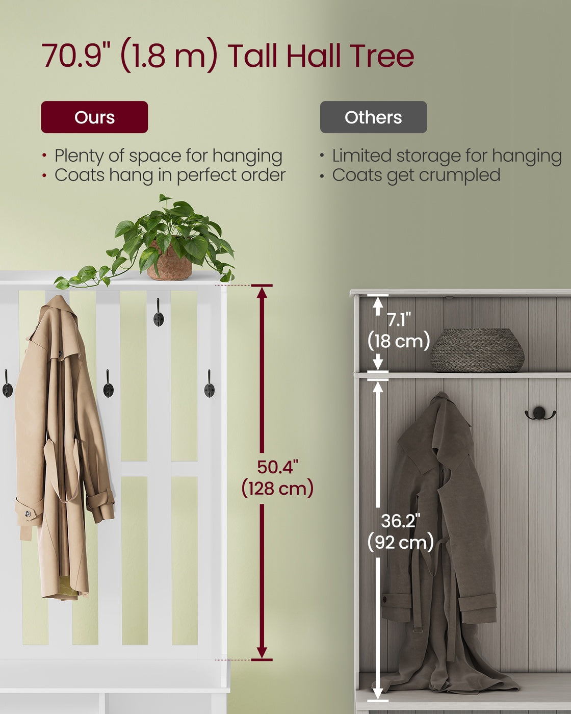 VASAGLE Hall Tree Coat Rack, Shoe Bench, 13.8 X 31.9 X 70.9 Inches, White – Matte White