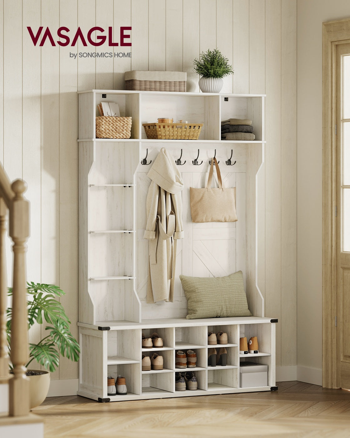 VASAGLE Hall Tree with Bench and Shoe Storage – Rustic White