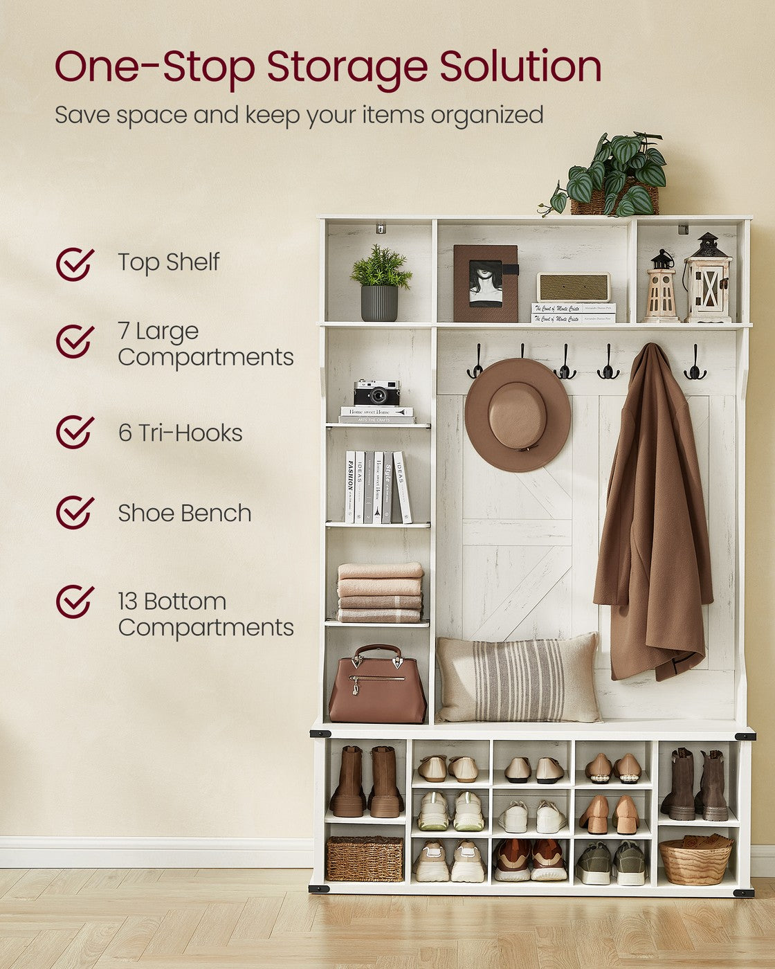 VASAGLE Hall Tree with Bench and Shoe Storage – Rustic White